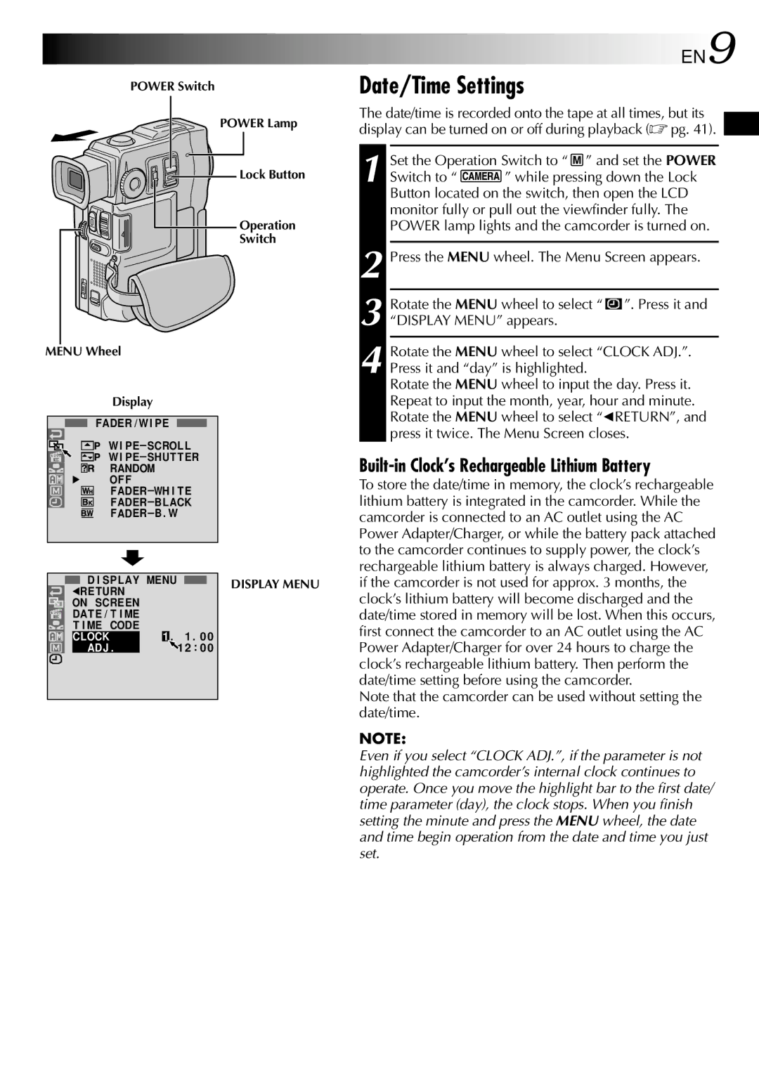 JVC GR-DVX10 specifications Date/Time Settings, Built-in Clock’s Rechargeable Lithium Battery 