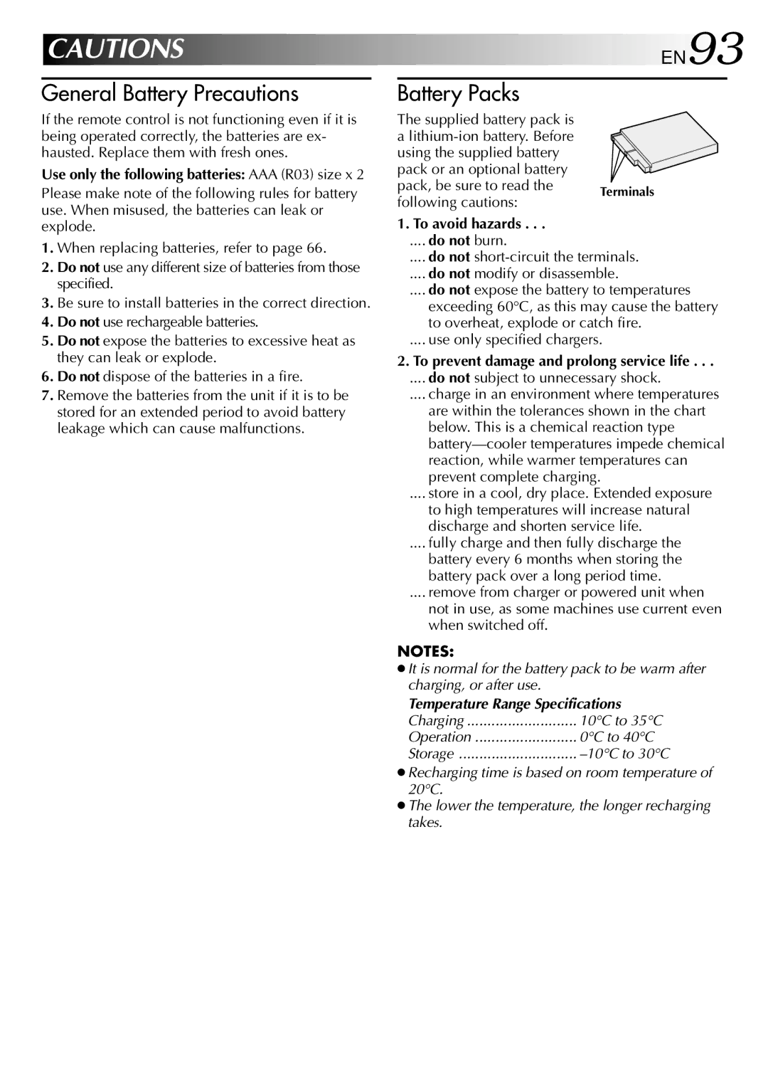 JVC GR-DVX10 specifications EN93, Pack, be sure to read the Terminals following cautions, To avoid hazards 