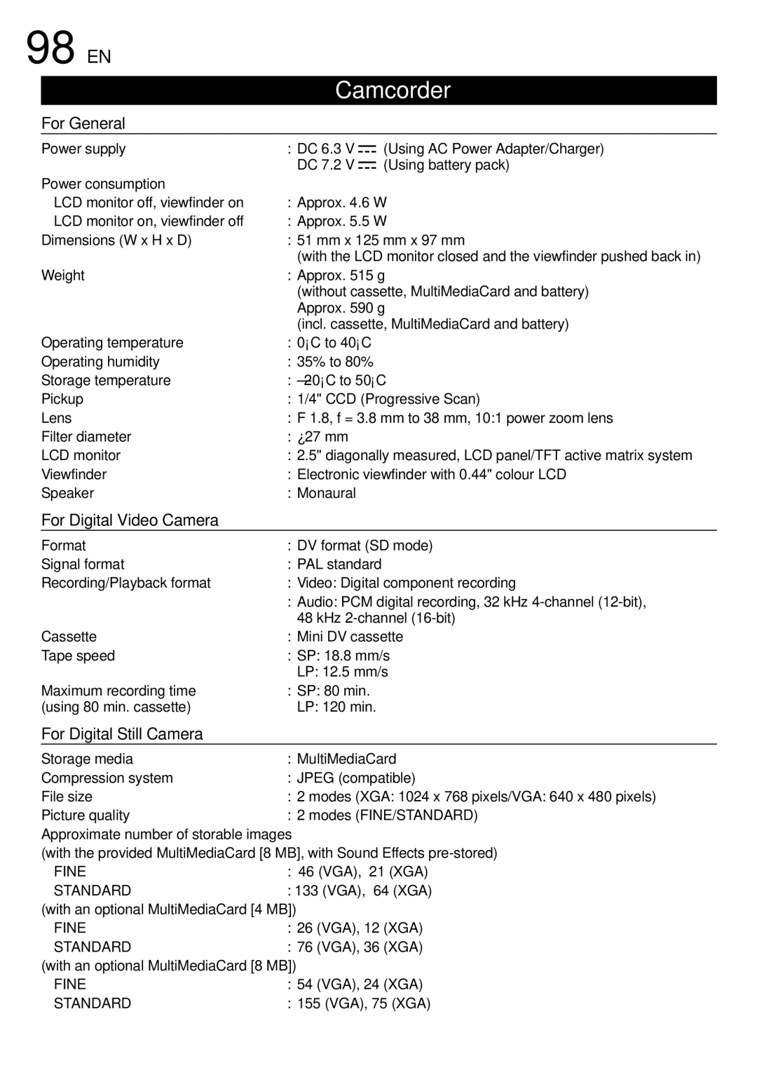 JVC GR-DVX10 specifications 98 EN 