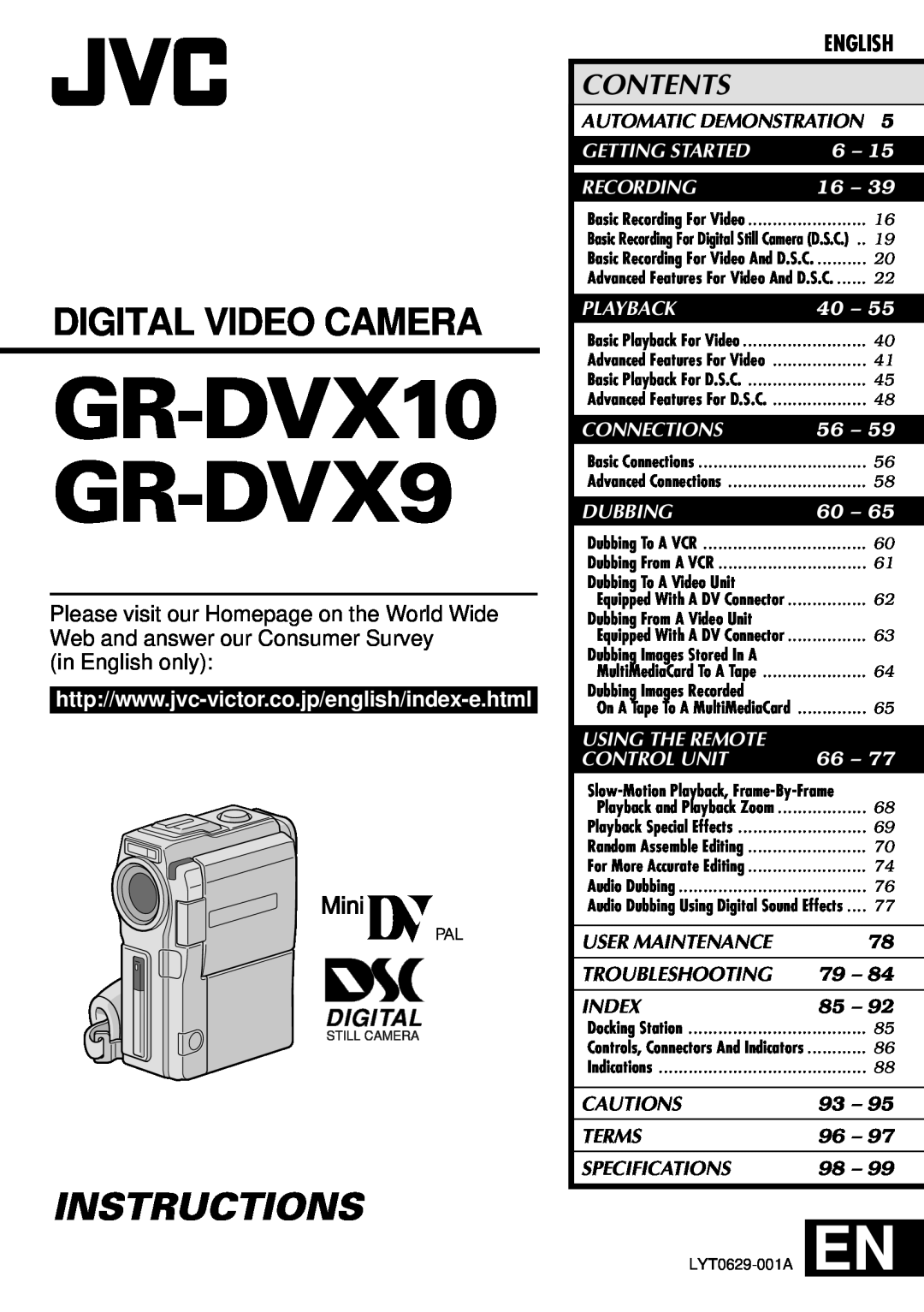JVC GR-DVX10 specifications in English only, User Maintenance, Troubleshooting, Index, Cautions, Terms, Specifications 