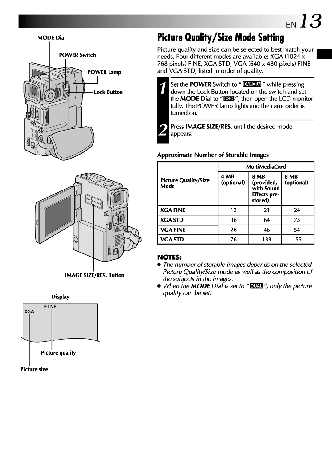 JVC GR-DVX10 specifications Picture Quality/Size Mode Setting, EN13 