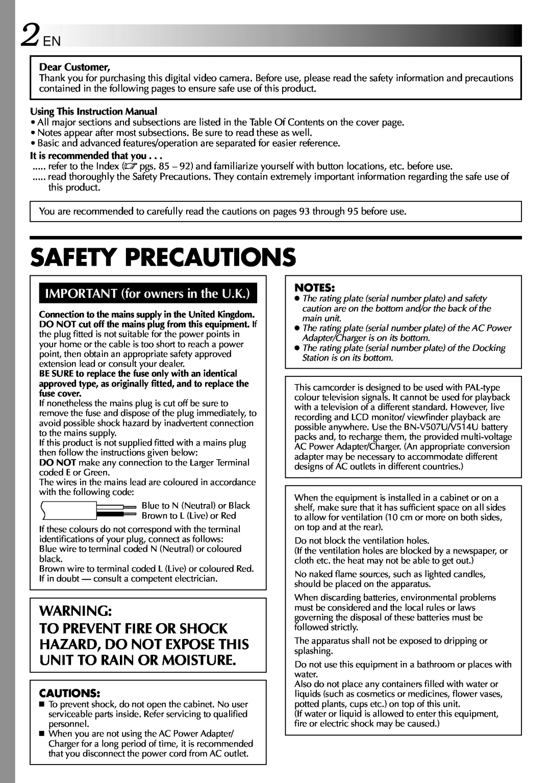 JVC GR-DVX10 specifications 2 EN, Safety Precautions, IMPORTANT for owners in the U.K, Using This Instruction Manual 