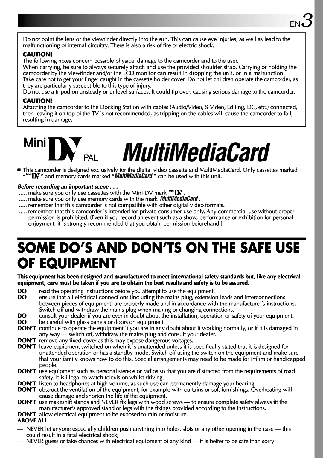 JVC GR-DVX10 specifications Some Do’S And Don’Ts On The Safe Use Of Equipment, Above All 