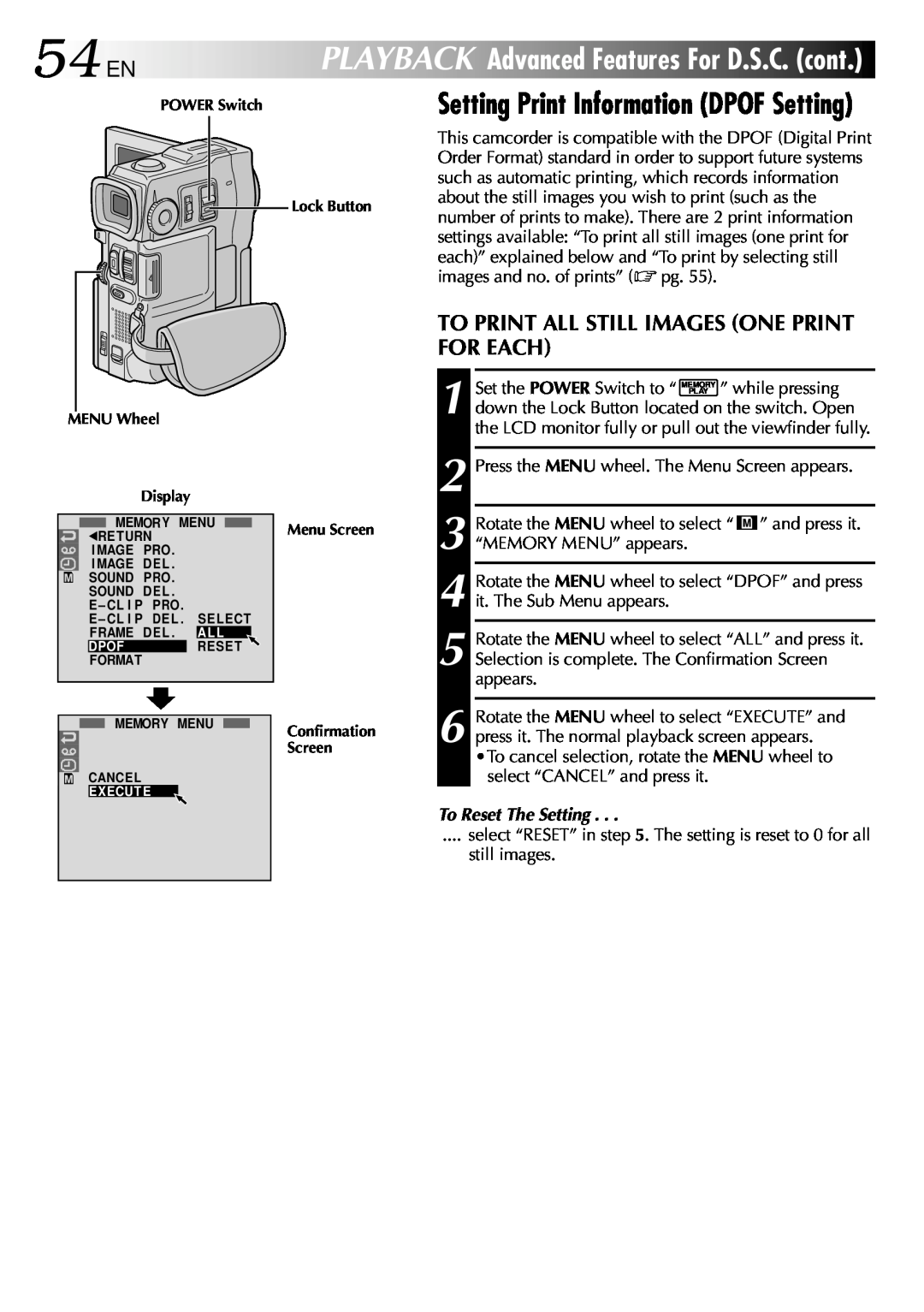 JVC GR-DVX10 specifications 54 EN, To Print All Still Images One Print For Each, To Reset The Setting 