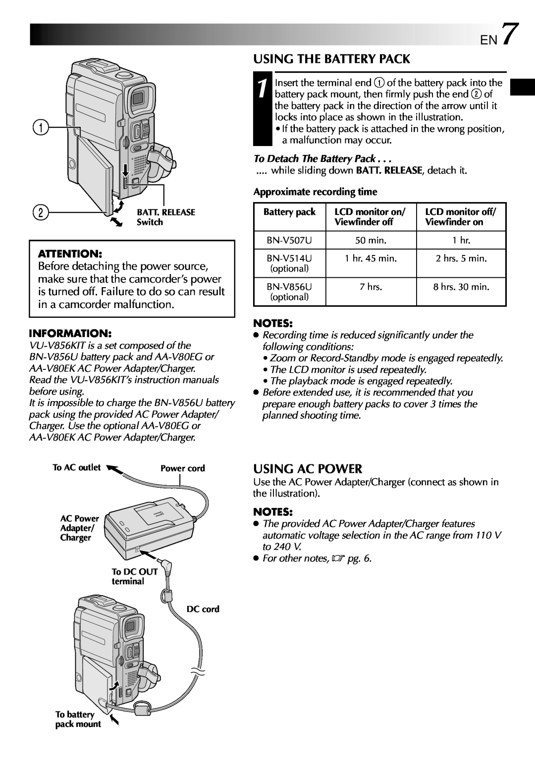 JVC GR-DVX10 specifications Using The Battery Pack, Using Ac Power, To Detach The Battery Pack 