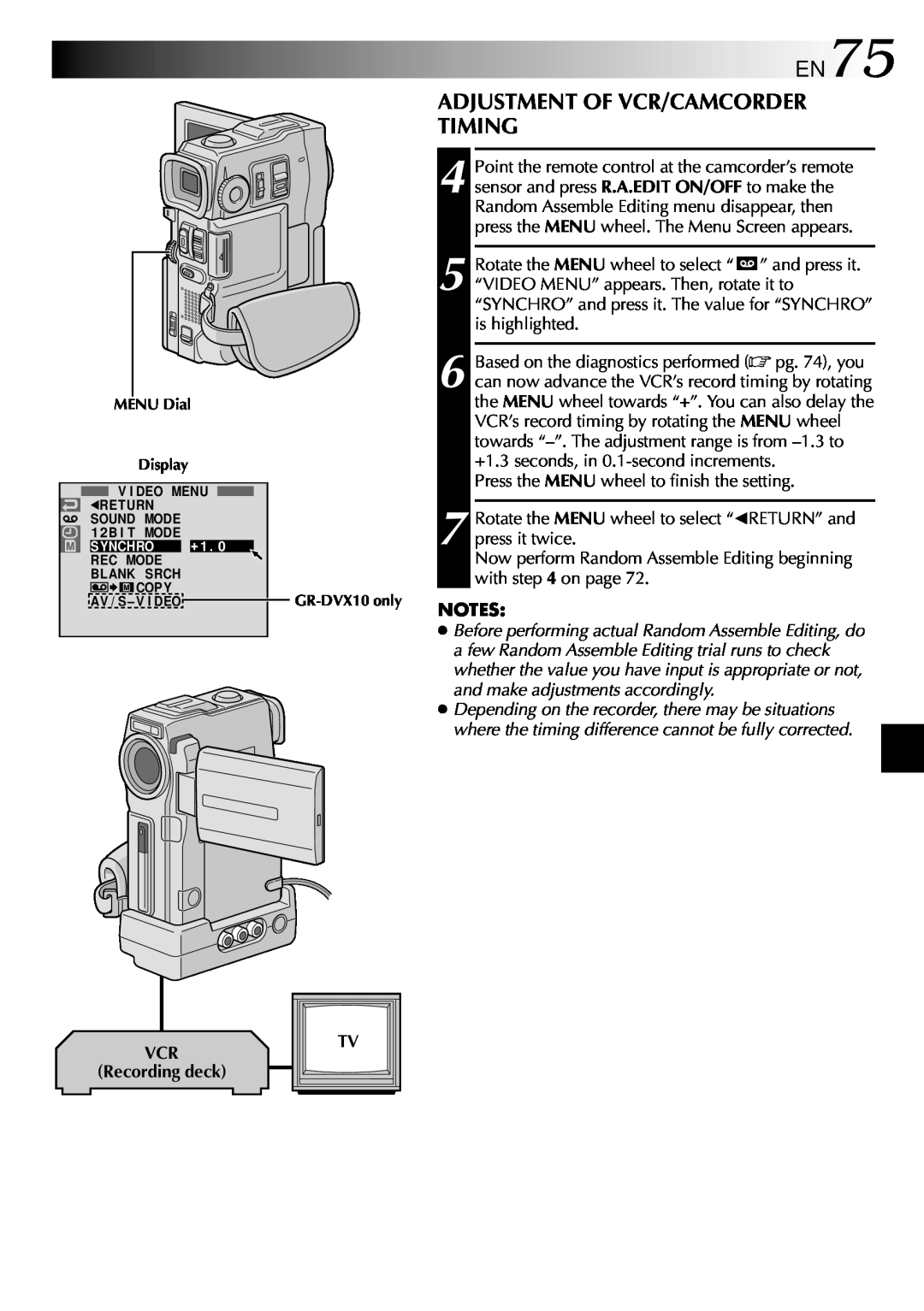 JVC GR-DVX10 specifications EN75, Adjustment Of Vcr/Camcorder Timing 