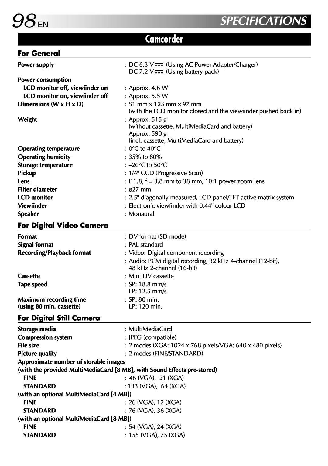 JVC GR-DVX10 98 EN, Specifications, Camcorder, For General, For Digital Video Camera, For Digital Still Camera 