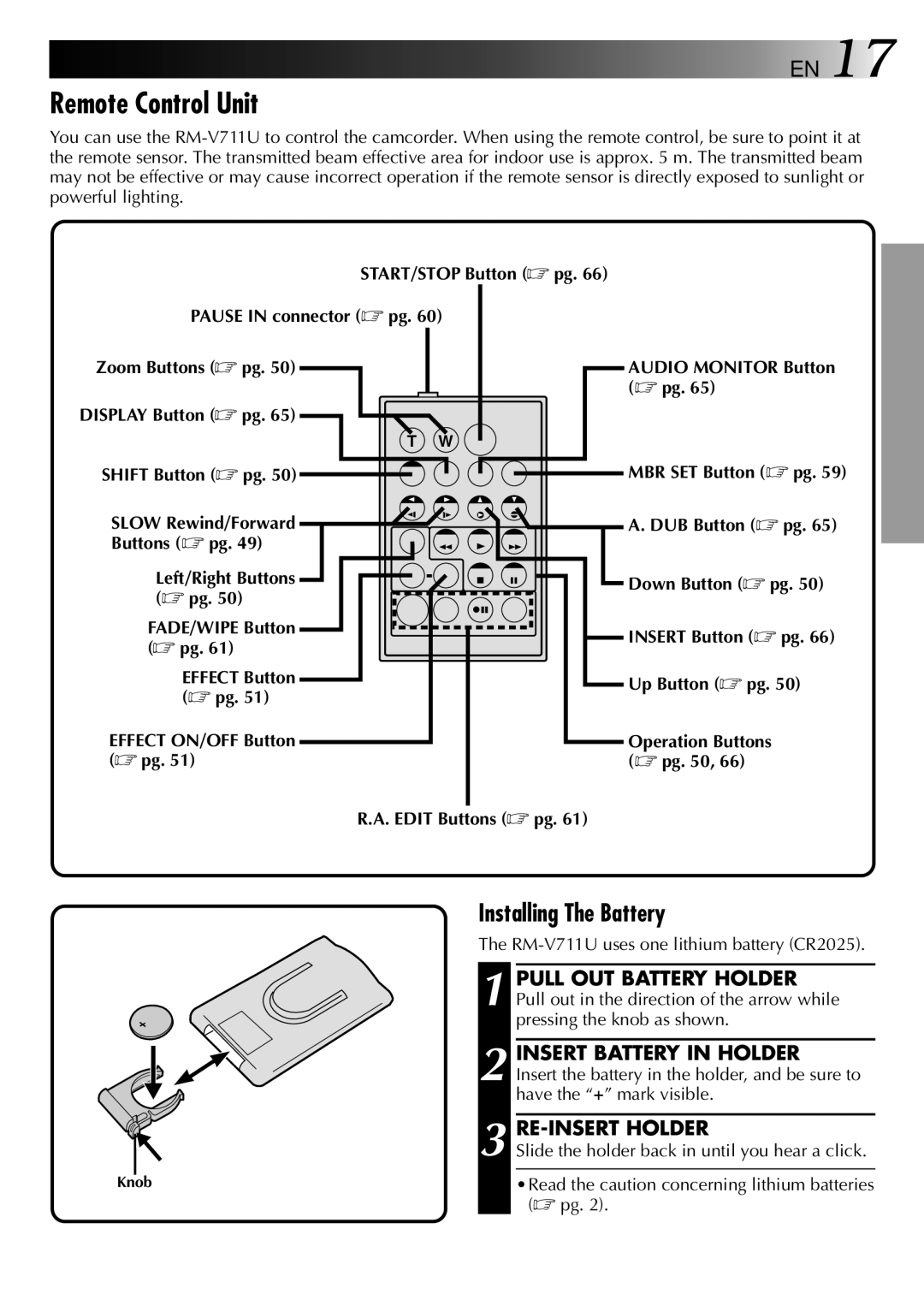 JVC LYT0002-0X8A, GR-DVX2 Remote Control Unit, Installing The Battery, Pull OUT Battery Holder, Insert Battery in Holder 