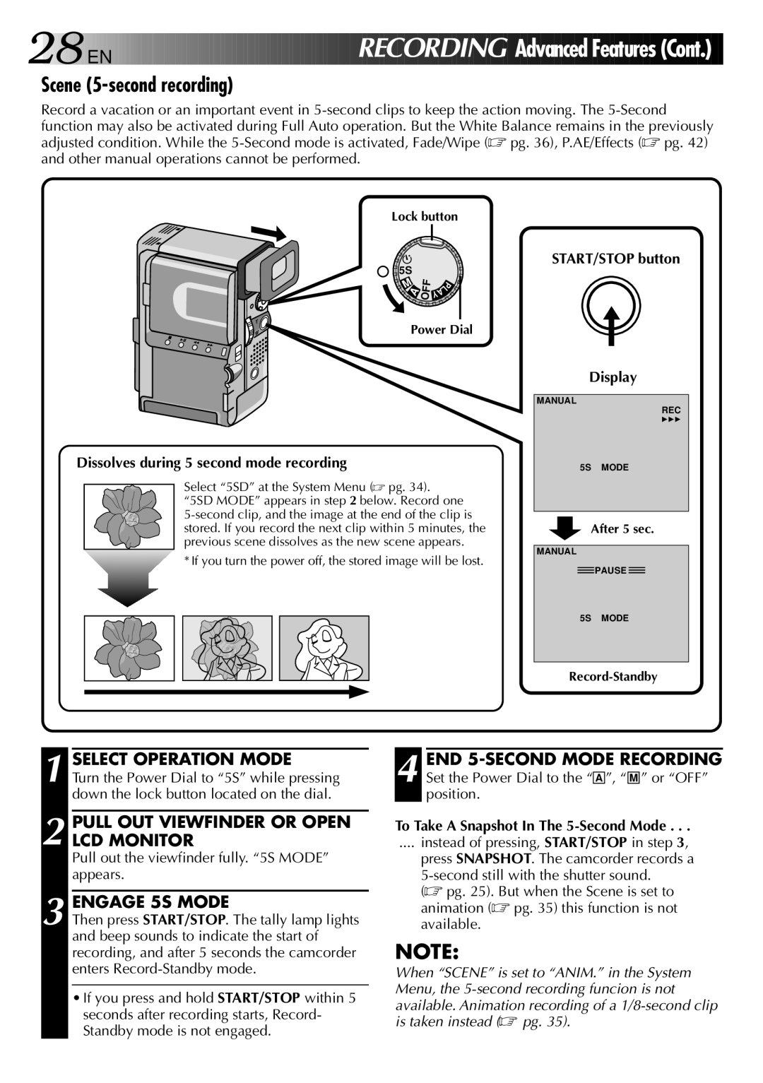 JVC GR-DVX2 Scene 5-second recording, Engage 5S Mode, Dissolves during 5 second mode recording, START/STOP button Display 