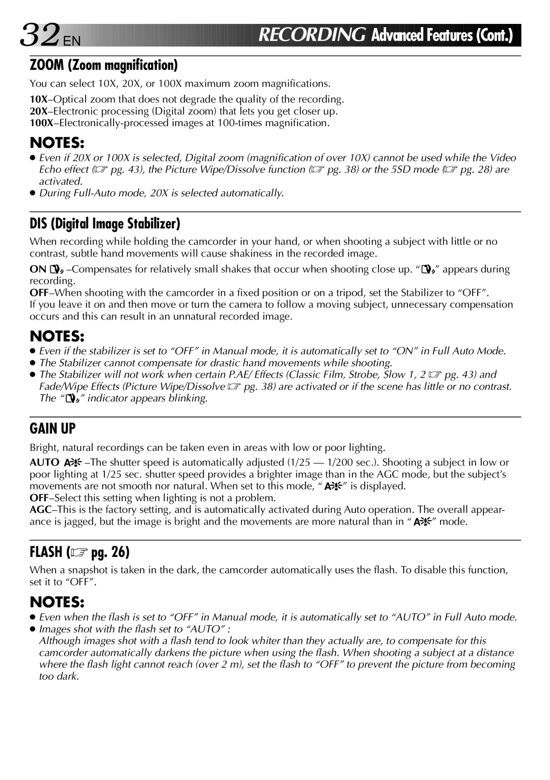 JVC GR-DVX2, LYT0002-0X8A specifications Zoom Zoom magnification, DIS Digital Image Stabilizer, Flash pg 