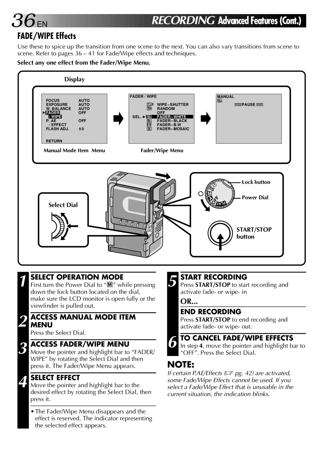 JVC GR-DVX2, LYT0002-0X8A specifications Access FADER/WIPE Menu, Select Effect, To Cancel FADE/WIPE Effects 