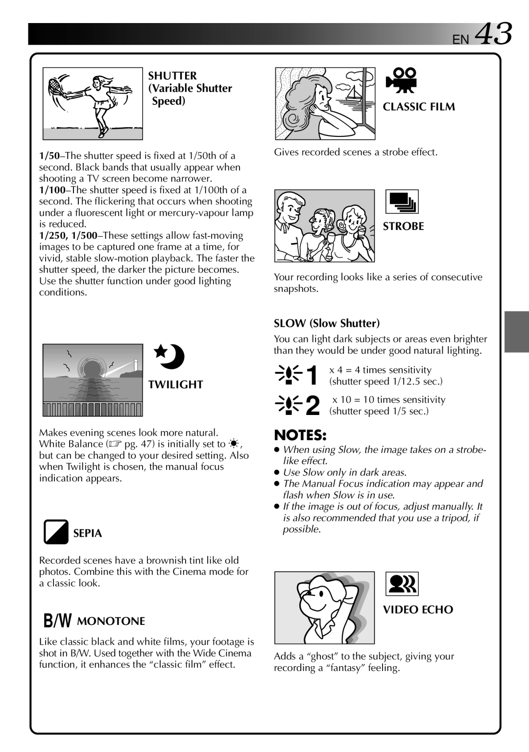 JVC LYT0002-0X8A, GR-DVX2 specifications Classic Film, Strobe, Twilight, Sepia, Monotone, Video Echo 