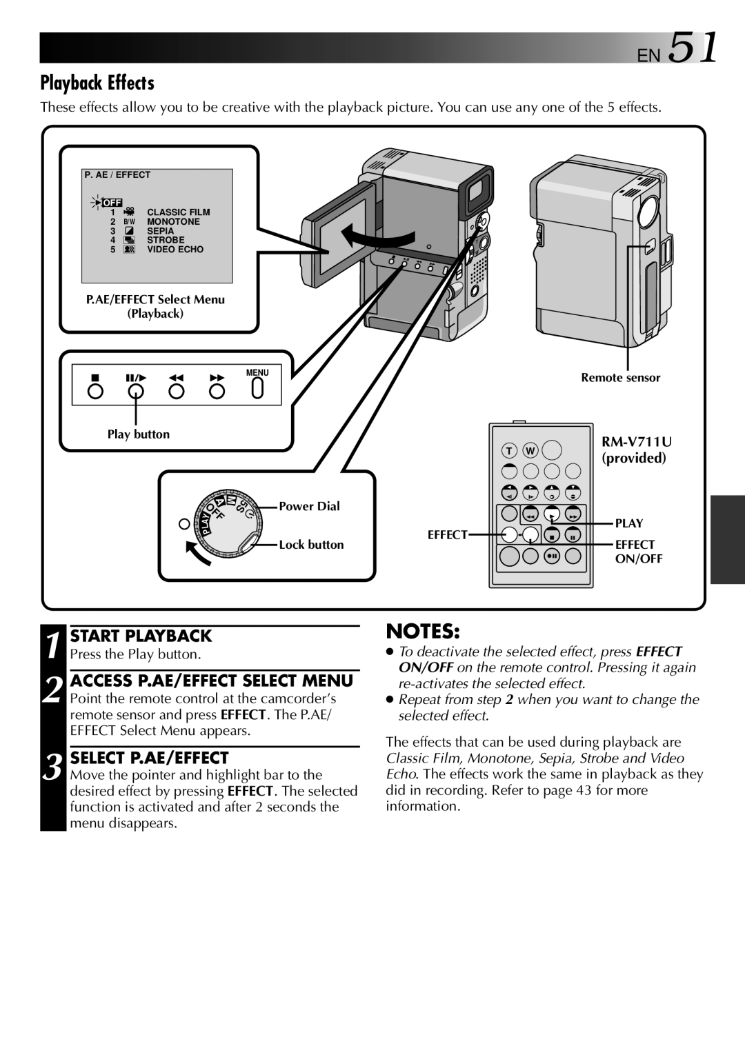 JVC LYT0002-0X8A, GR-DVX2 Playback Effects, Select P.AE/EFFECT, RM-V711U, Start Playback Press the Play button 