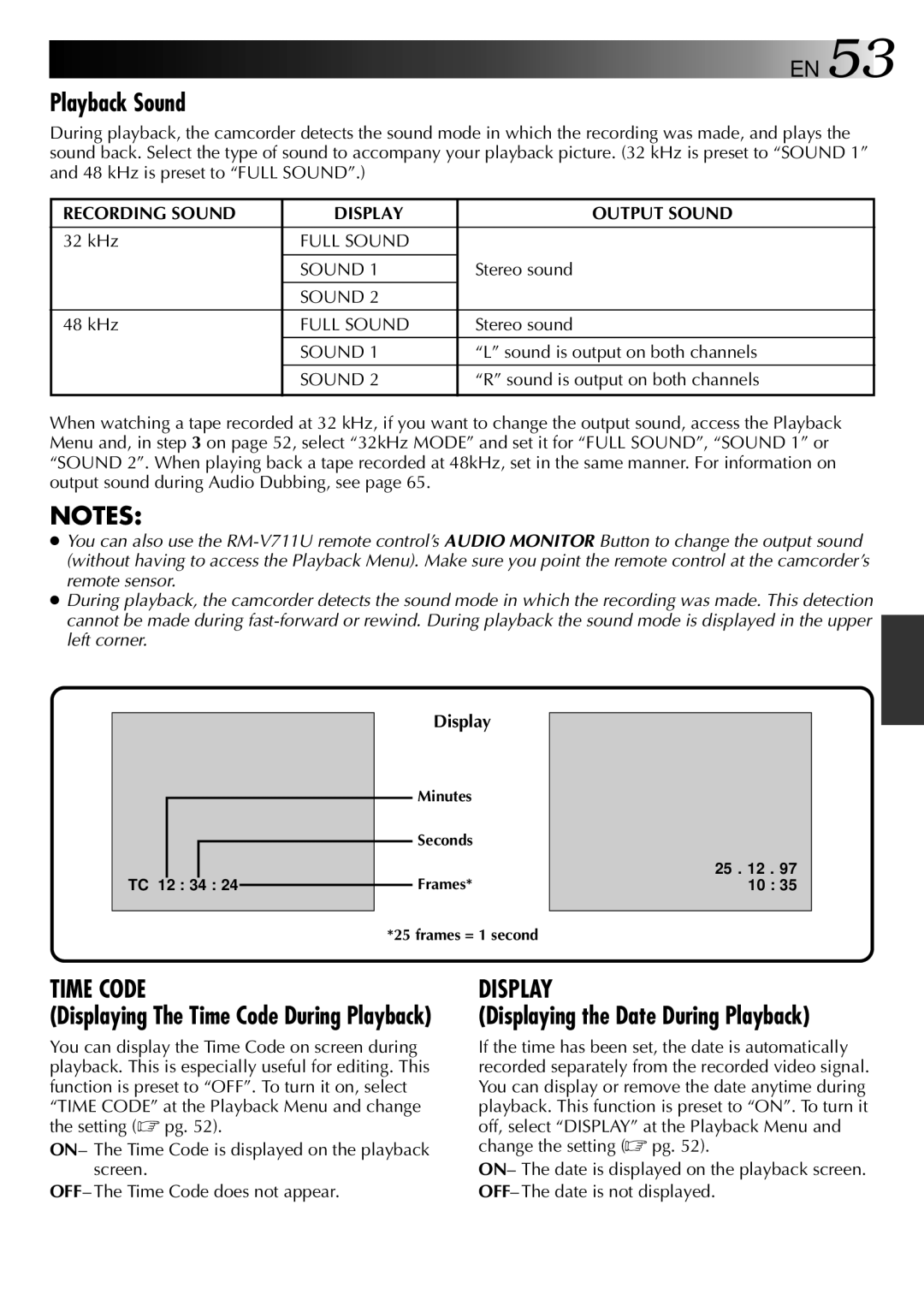 JVC LYT0002-0X8A, GR-DVX2 Playback Sound, Displaying the Date During Playback, Displaying The Time Code During Playback 