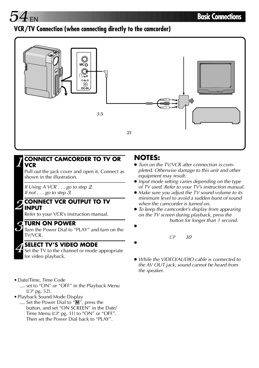 JVC GR-DVX2 VCR/TV Connection when connecting directly to the camcorder, Connectvcr Camcorder to TV or, Turn on Power 