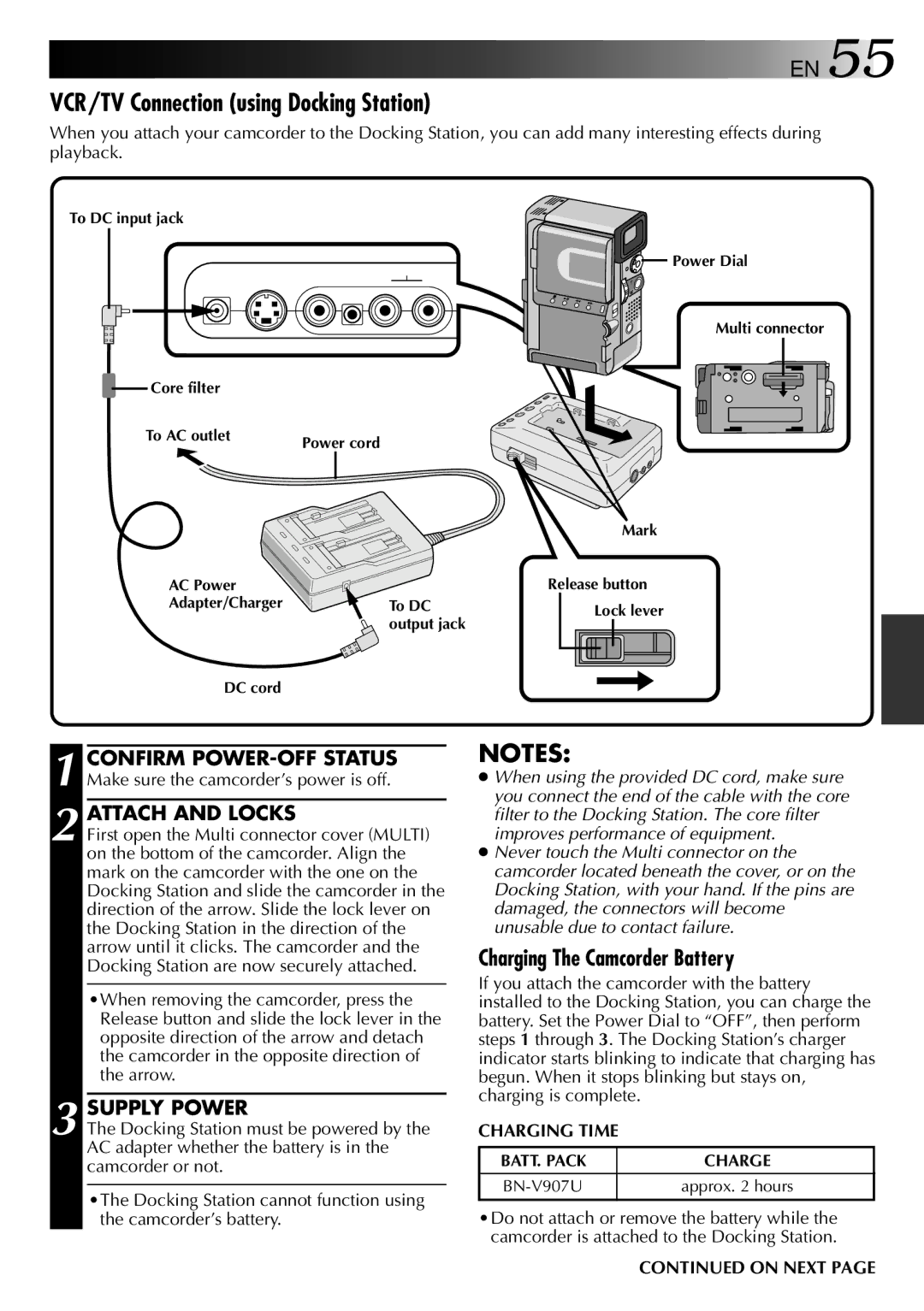 JVC LYT0002-0X8A, GR-DVX2 specifications VCR/TV Connection using Docking Station, Attach and Locks 