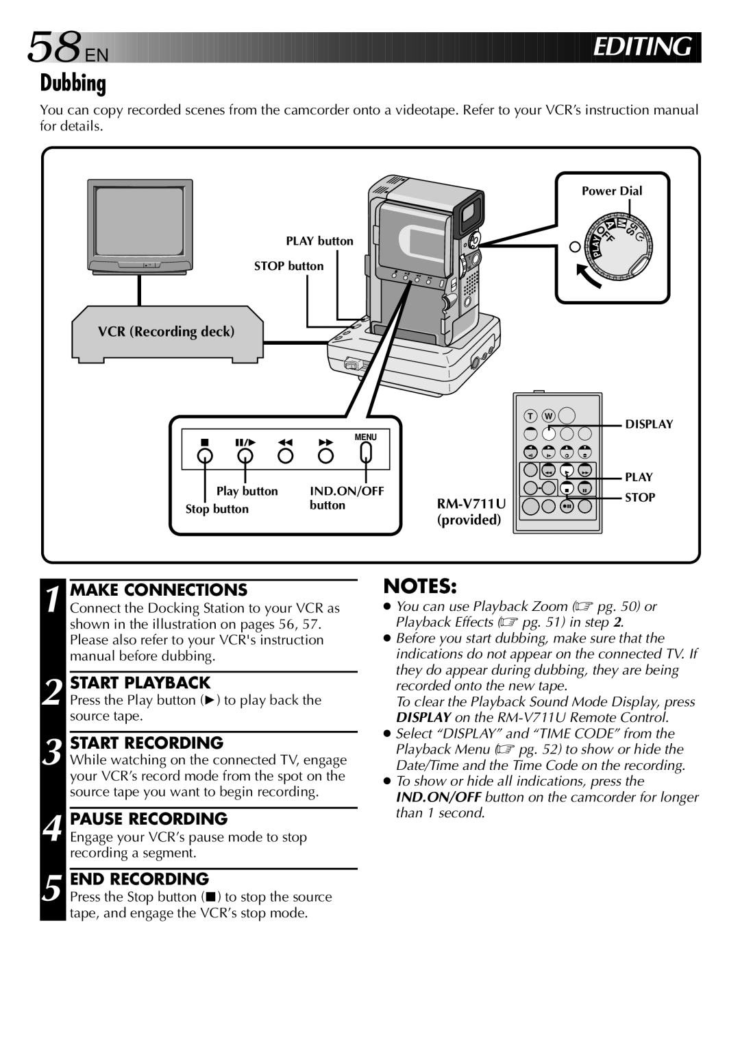 JVC GR-DVX2 Dubbing, Make Connections Start Playback, Pause Recording, VCR Recording deck, RM-V711U Stop provided 