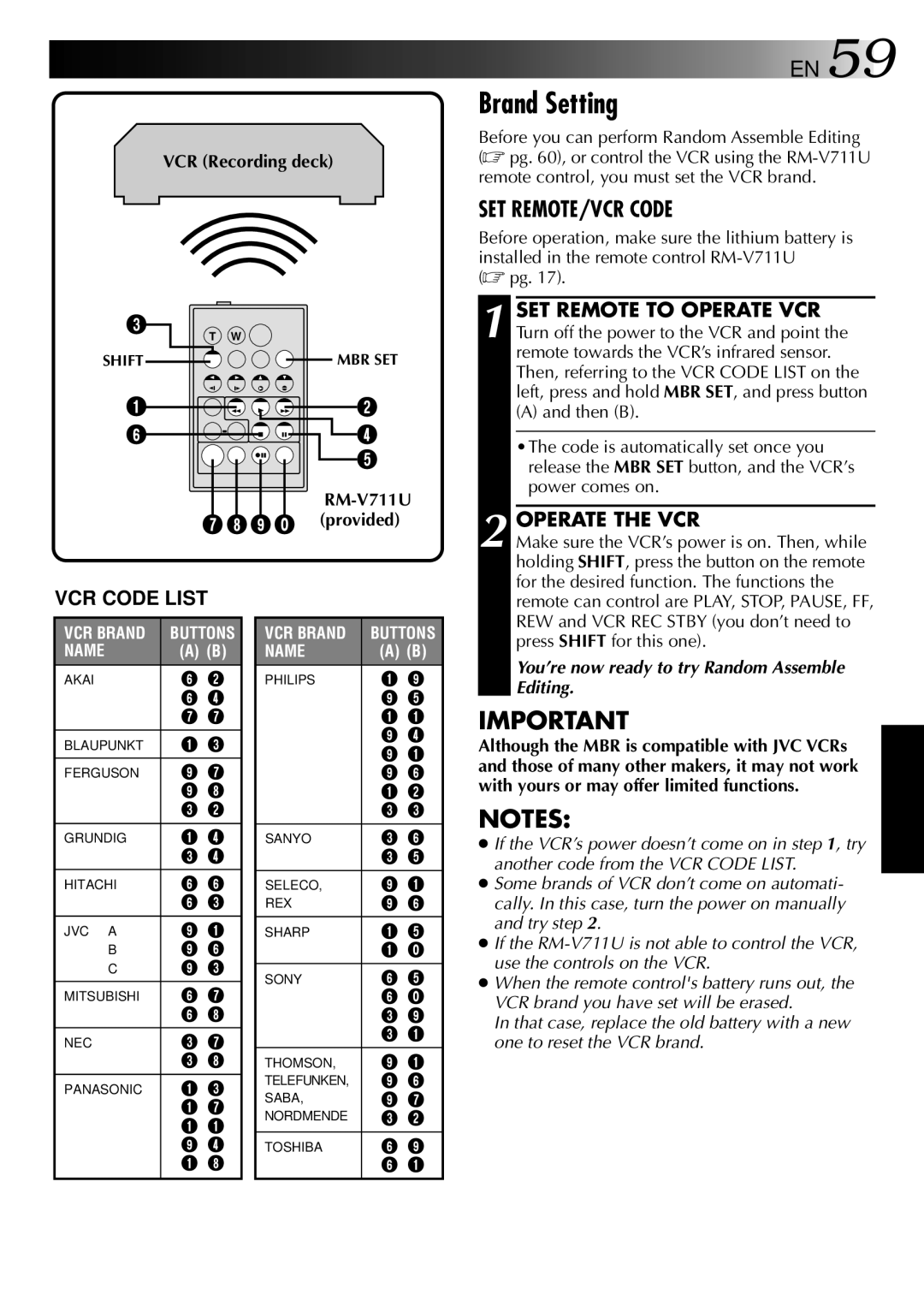 JVC LYT0002-0X8A, GR-DVX2 specifications Brand Setting, Operate the VCR VCR Code List, RM-V711U 9 ` provided 