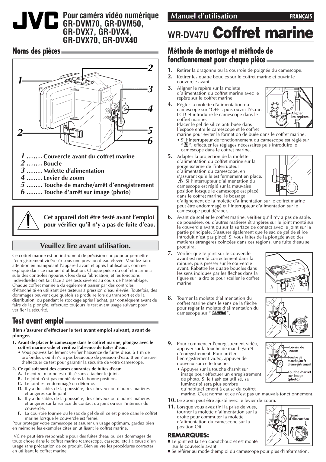 JVC GR-DVX40, GR-DVX70, GR-DVM70, GR-DVM50 Noms des pièces, Test avant emploi, Veuillez lire avant utilisation 