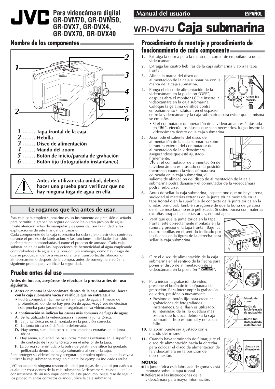 JVC GR-DVX40, GR-DVX70, GR-DVM70, GR-DVM50 user manual Prueba antes del uso, Hebilla, Le rogamos que lea antes de usar 