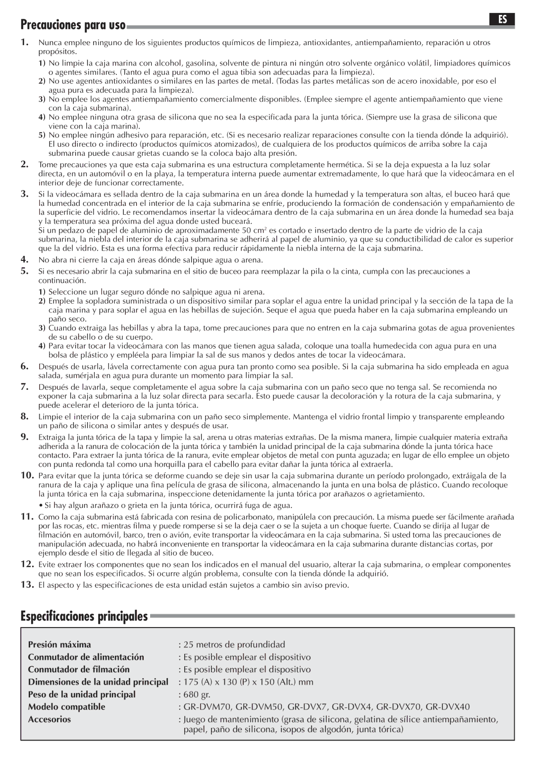 JVC GR-DVX70 Presión máxima, Conmutador de alimentación, Conmutador de filmación, Peso de la unidad principal, Accesorios 