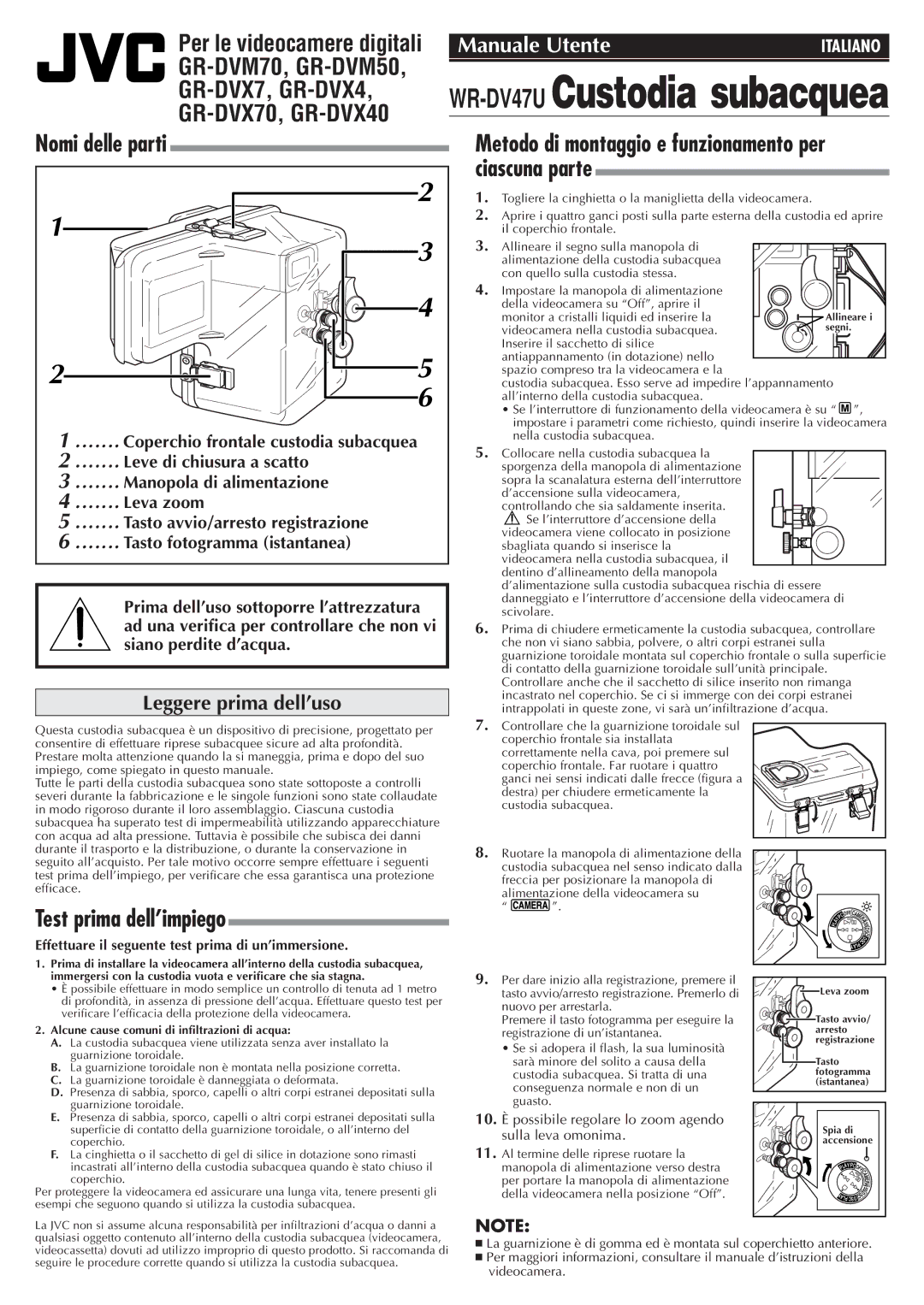 JVC GR-DVM70, GR-DVX40, GR-DVX70, GR-DVM50 user manual Nomi delle parti, Test prima dell’impiego, Leggere prima dell’uso 