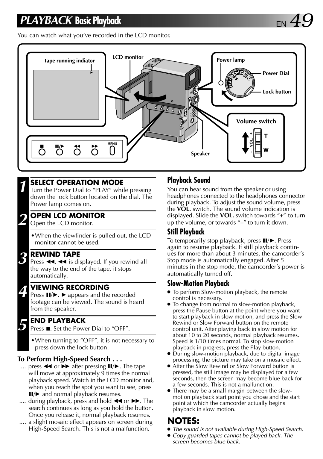 JVC GR-DVX818 PRO manual Rewind Tape, Viewing Recording, END Playback, To Perform High-Speed Search, Volume switch 