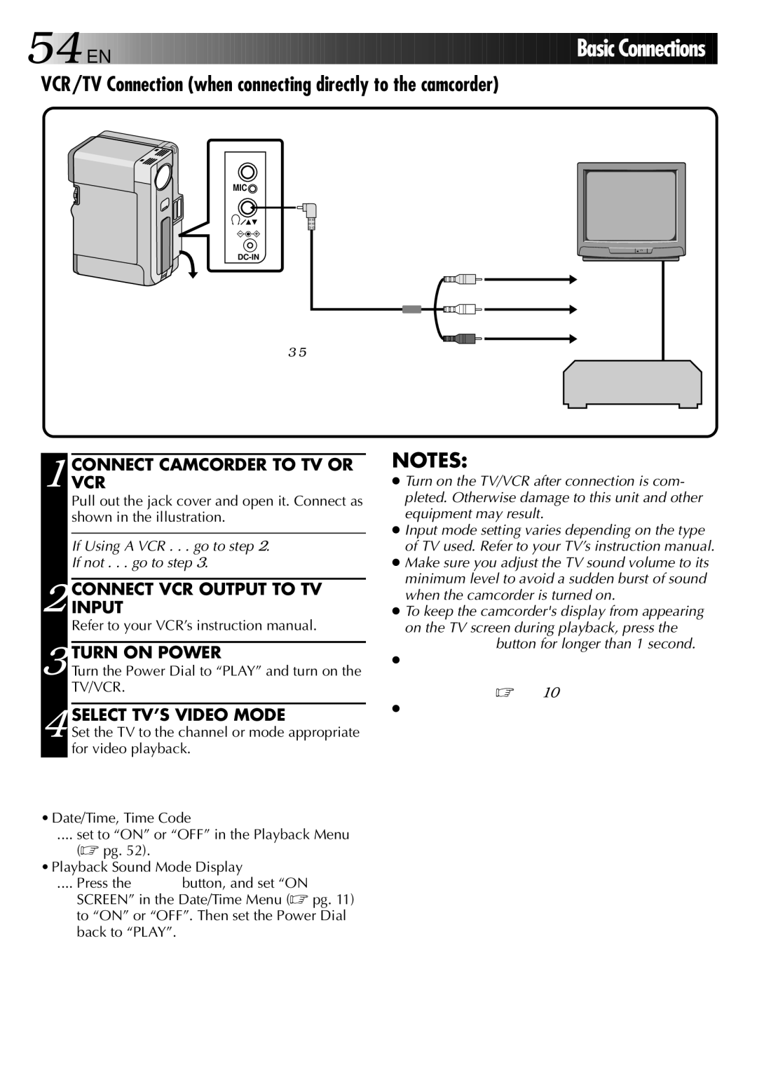 JVC GR-DVX818 PRO, LYT0002-0Y3A VCR/TV Connection when connecting directly to the camcorder, Connectvcr Camcorder to TV or 