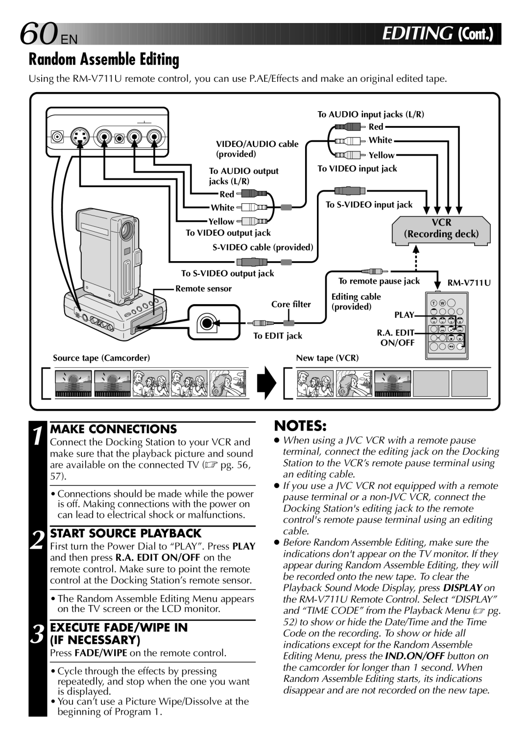 JVC GR-DVX818 PRO Random Assemble Editing, Make Connections, Start Source Playback, Execute FADE/WIPE in if Necessary 