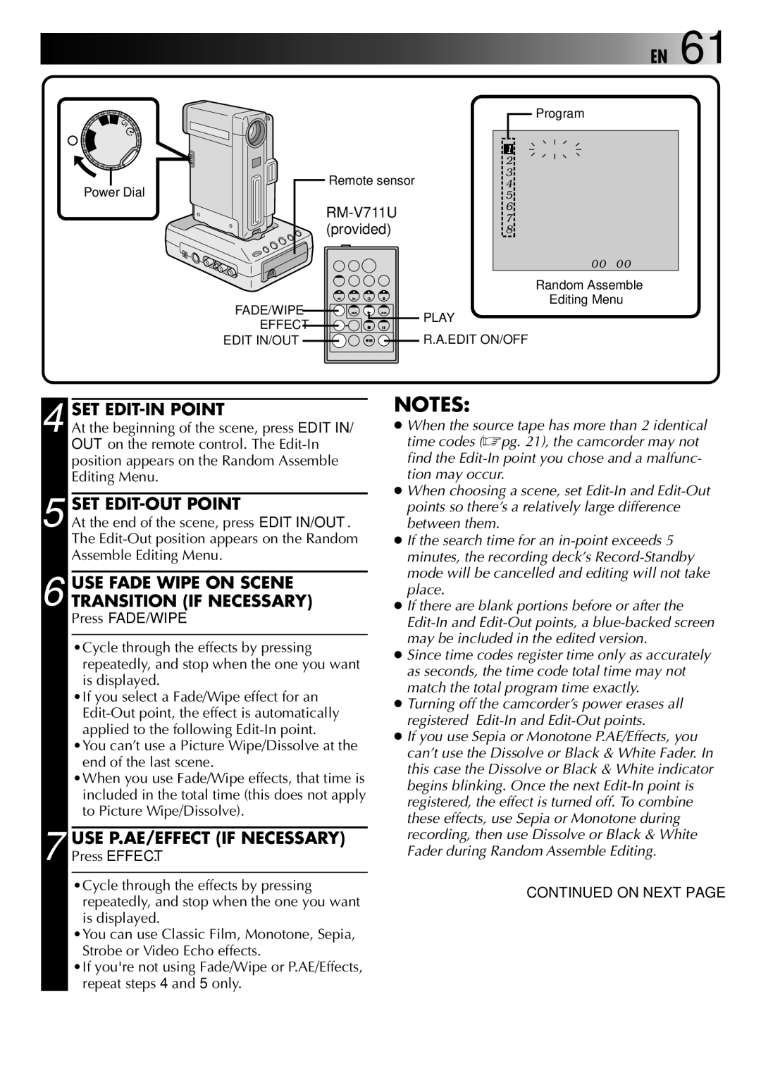 JVC GR-DVX818 manual SET EDIT-IN Point, SET EDIT-OUT Point, USE Fade Wipe on Scene Transition if Necessary, Press FADE/WIPE 