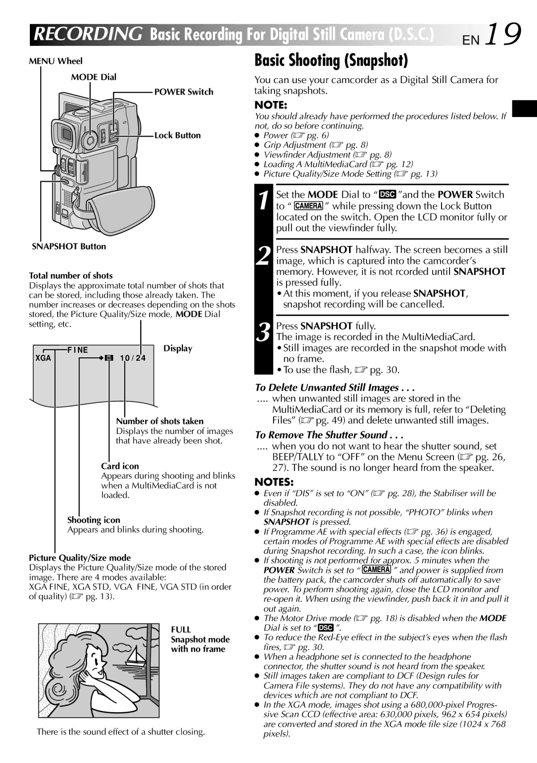 JVC GR-DVX9 specifications Basic Shooting Snapshot, EN19, To Delete Unwanted Still Images, To Remove The Shutter Sound 