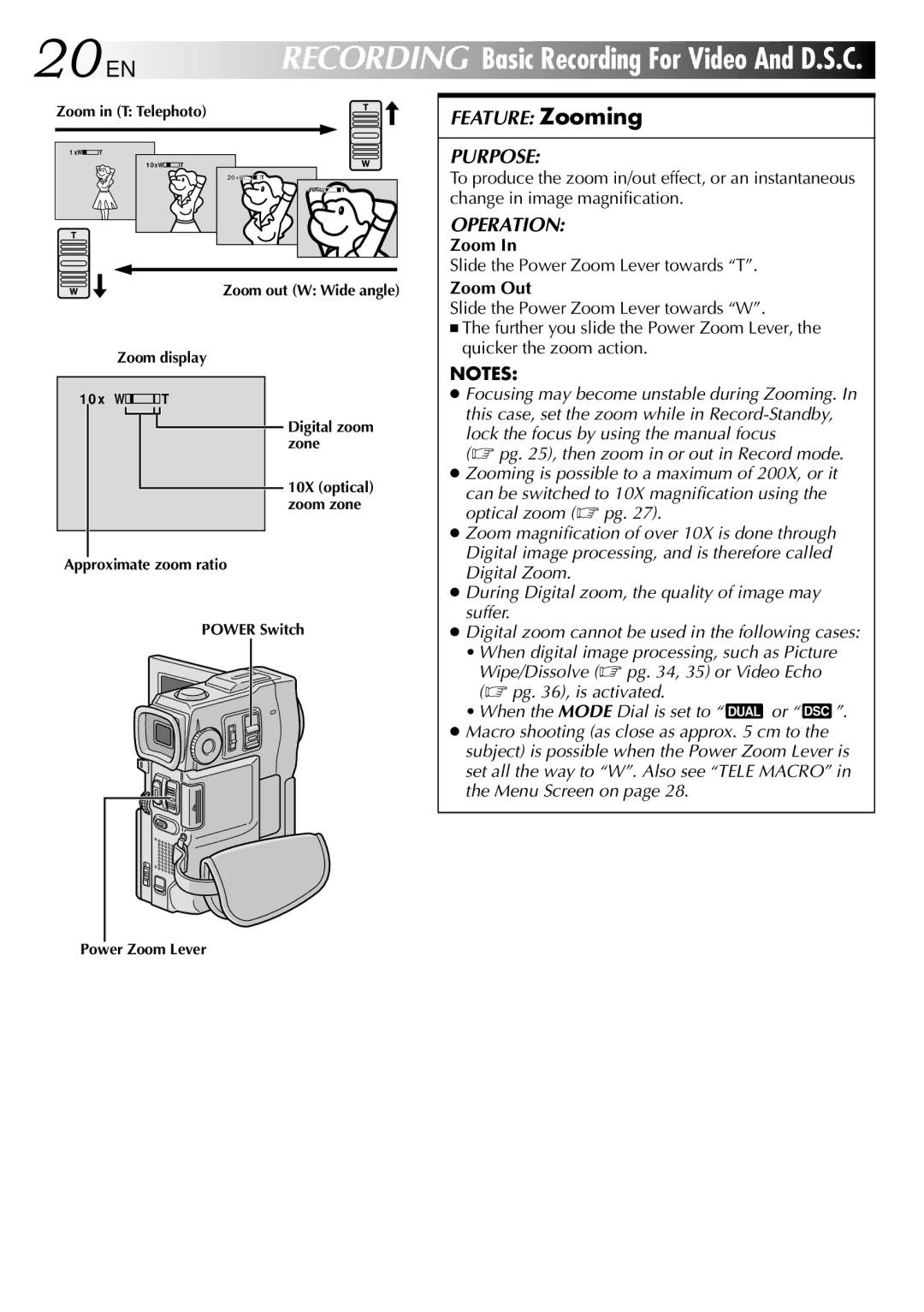 JVC GR-DVX9 specifications 20EN, Slide the Power Zoom Lever towards T, Zoom Out 