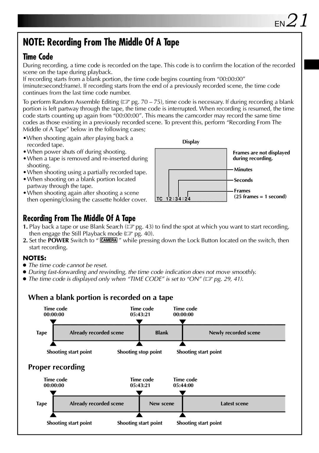 JVC GR-DVX9 specifications EN21, When a blank portion is recorded on a tape, Proper recording 