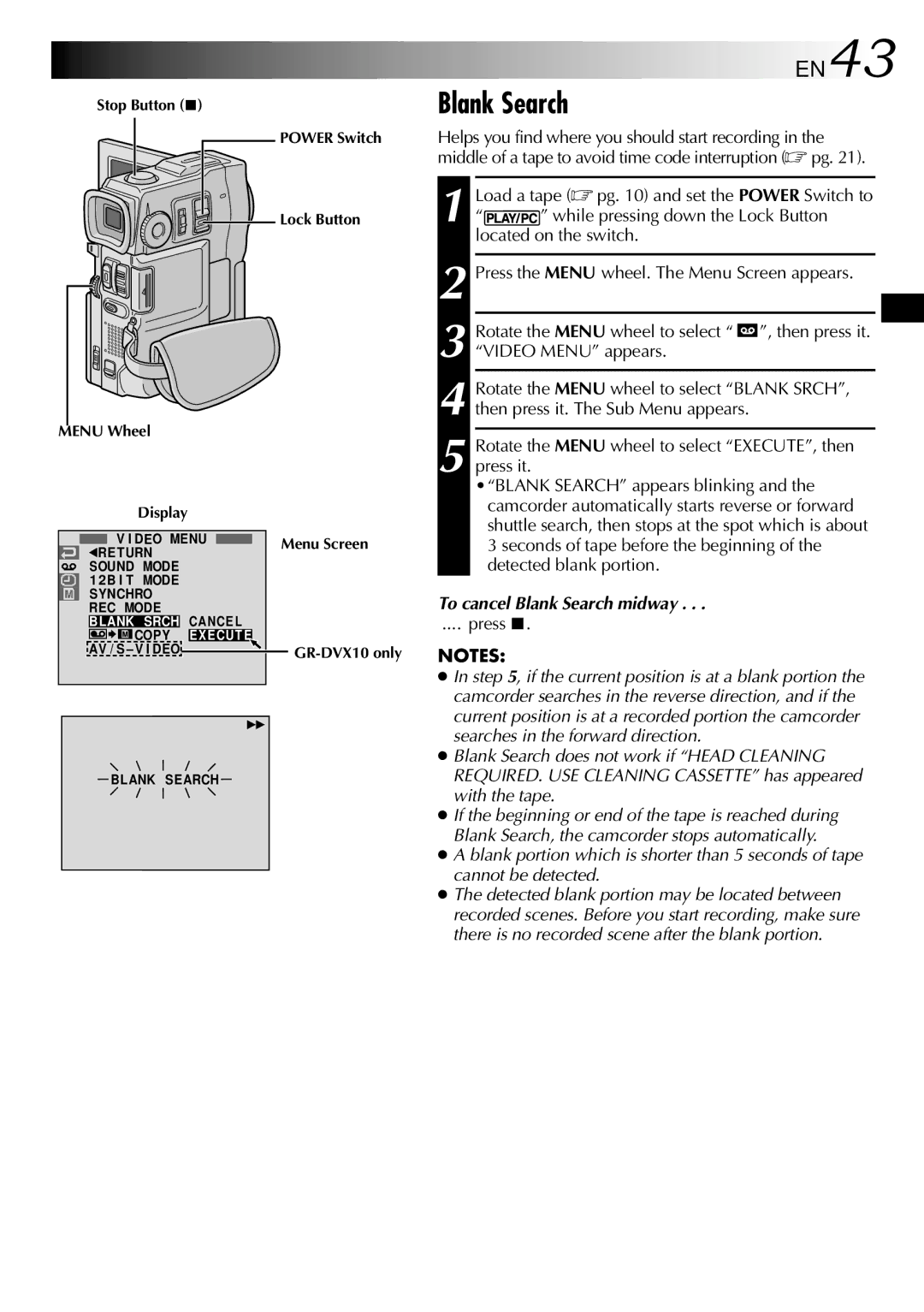 JVC GR-DVX9 specifications EN43, Video Menu appears, To cancel Blank Search midway, Press 