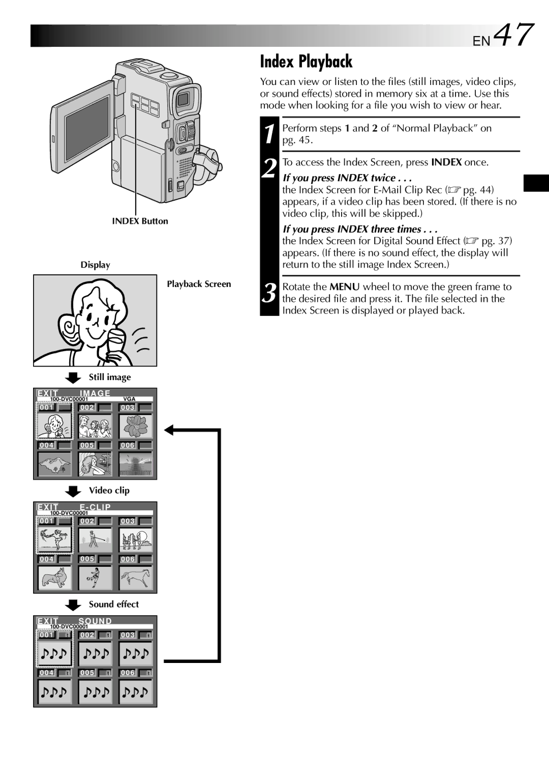 JVC GR-DVX9 specifications Index Playback, EN47, If you press Index twice, If you press Index three times 