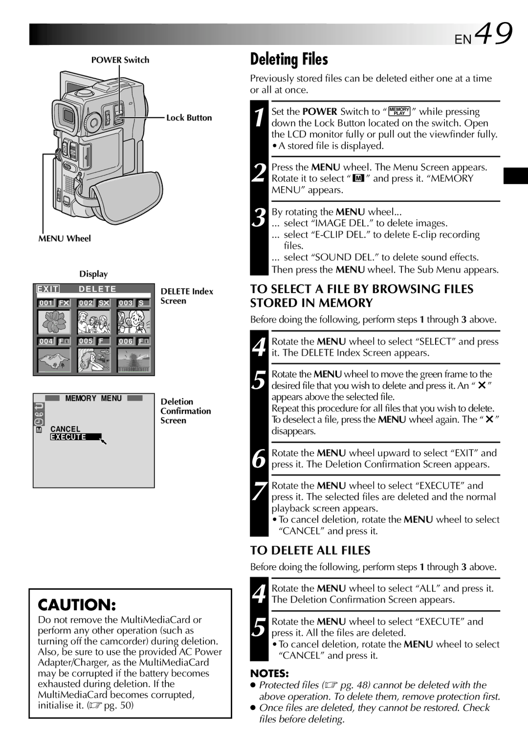 JVC GR-DVX9 specifications Deleting Files, EN49, To Select a File by Browsing Files Stored in Memory, To Delete ALL Files 