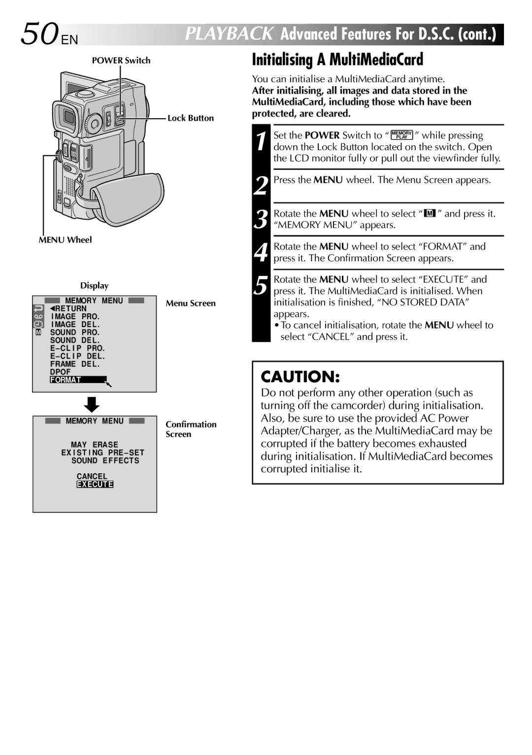 JVC GR-DVX9 specifications 50EN, Initialising a MultiMediaCard, You can initialise a MultiMediaCard anytime 