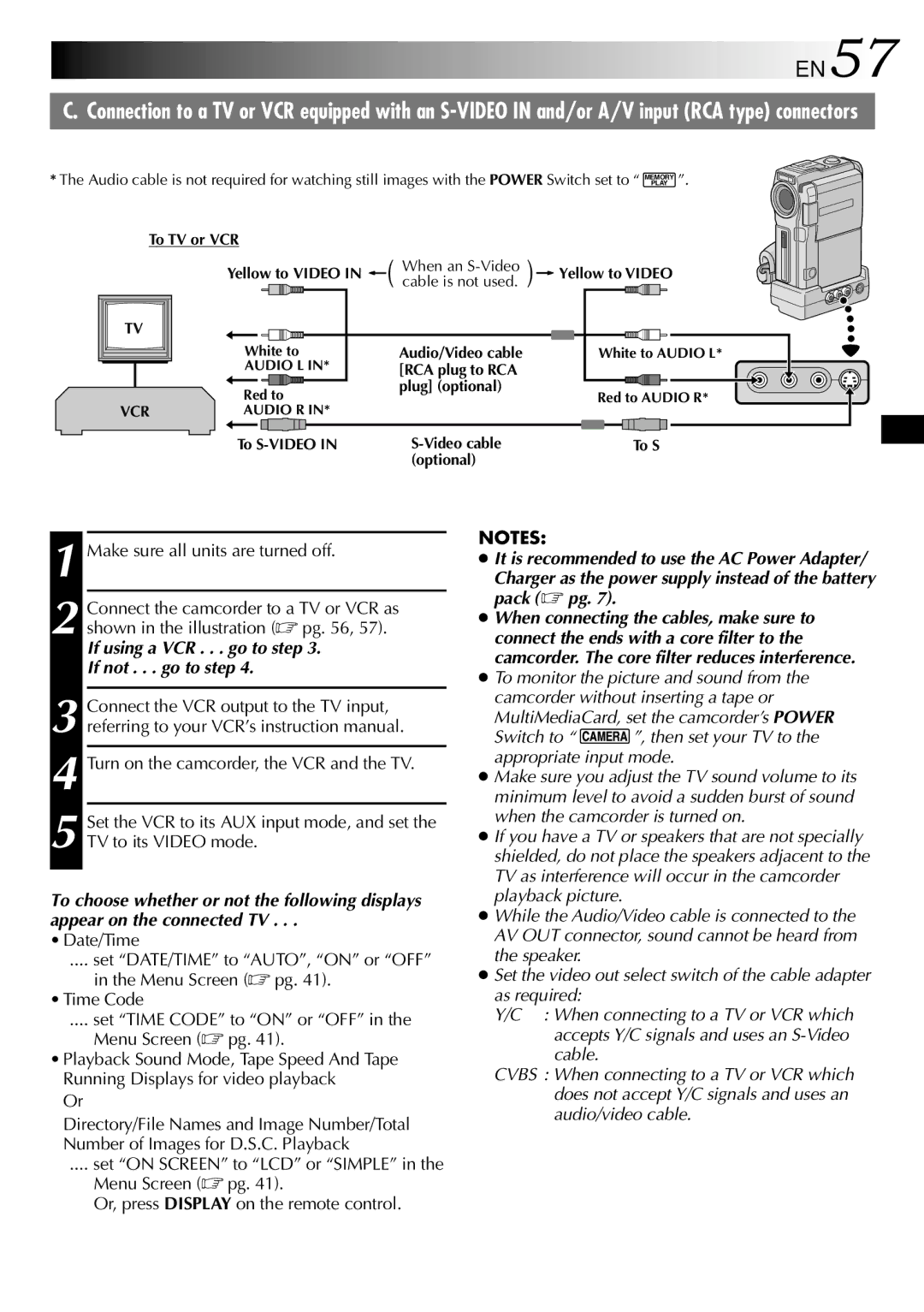 JVC GR-DVX9 EN57, Make sure all units are turned off, If using a VCR . . . go to step If not . . . go to step 