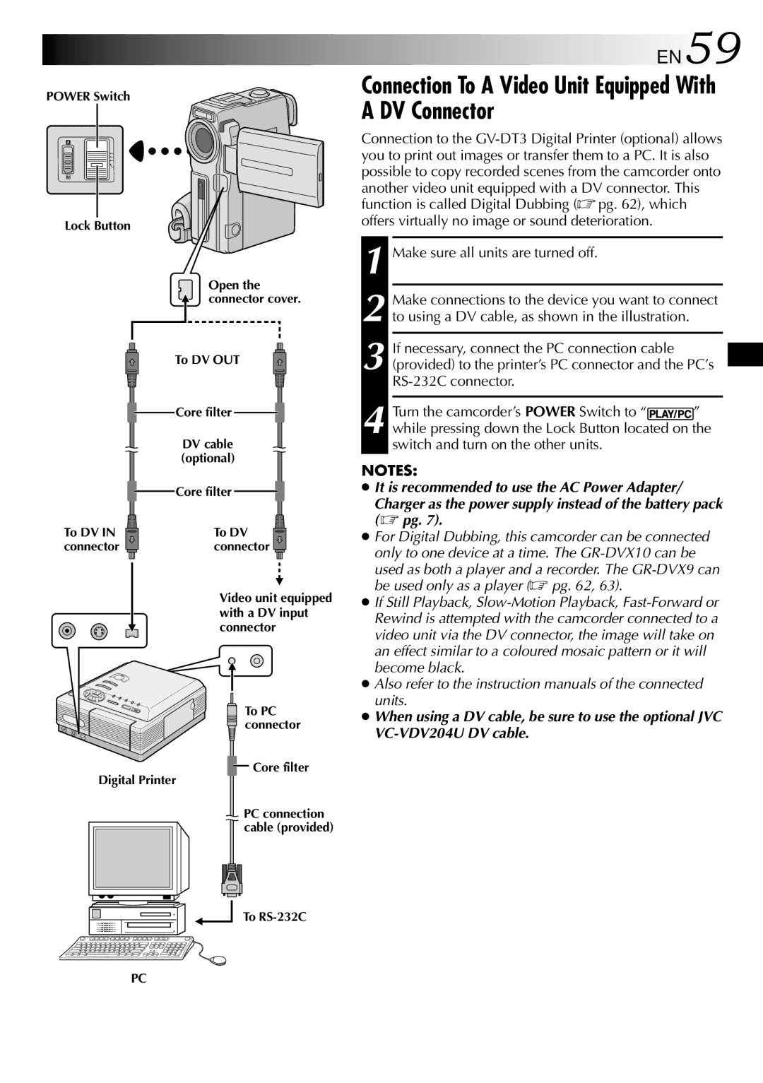 JVC GR-DVX9 Connection To a Video Unit Equipped With a DV Connector, EN59, With a DV input, Core filter Digital Printer 