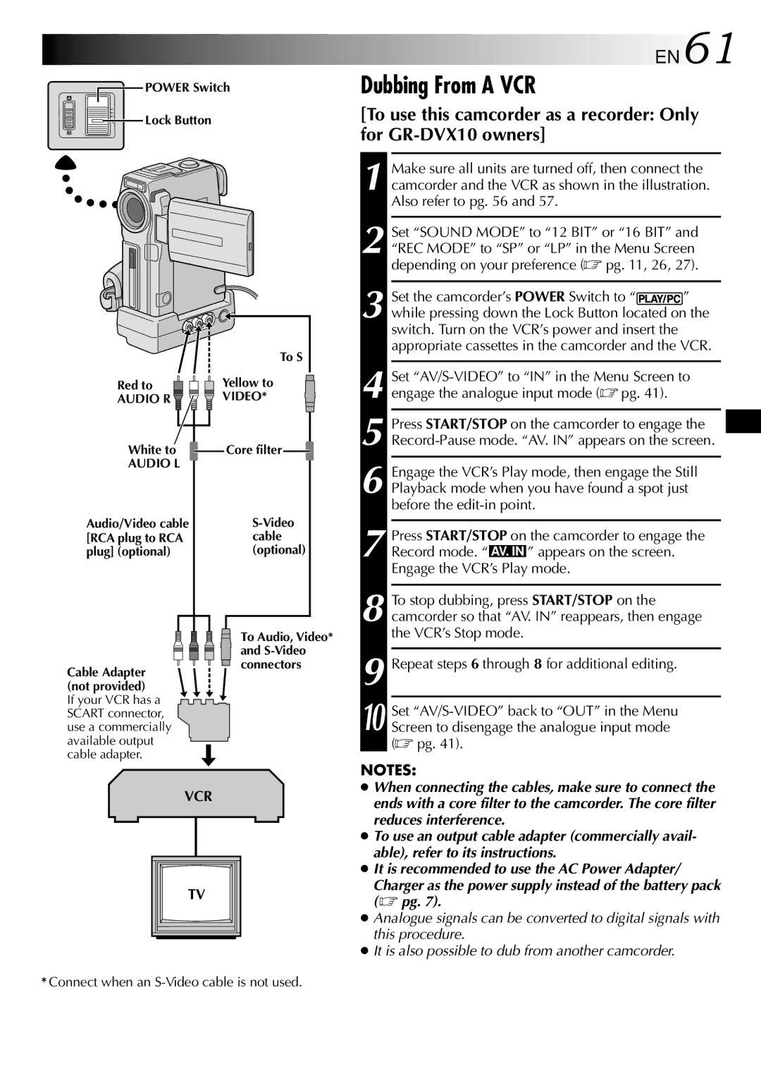 JVC GR-DVX9 specifications Dubbing From a VCR, EN61 