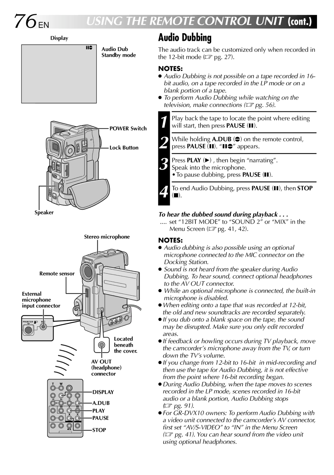 JVC GR-DVX9 specifications 76EN, Audio Dubbing, To hear the dubbed sound during playback 