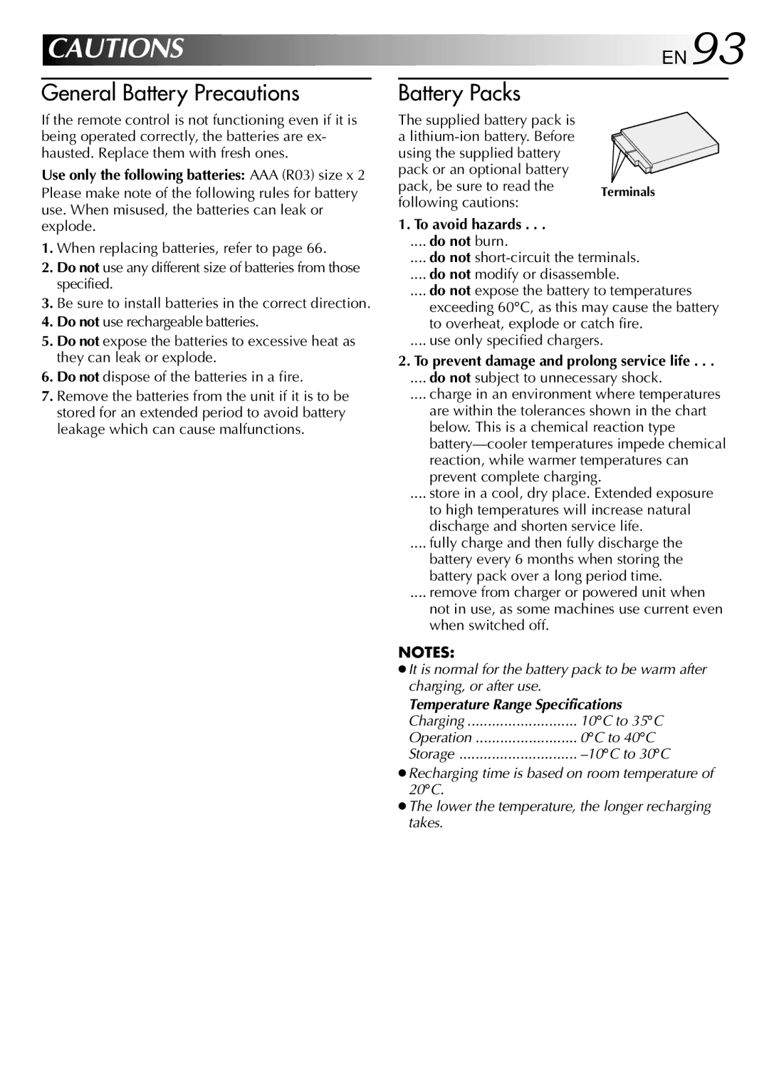 JVC GR-DVX9 specifications EN93, Pack, be sure to read the Terminals following cautions, To avoid hazards 