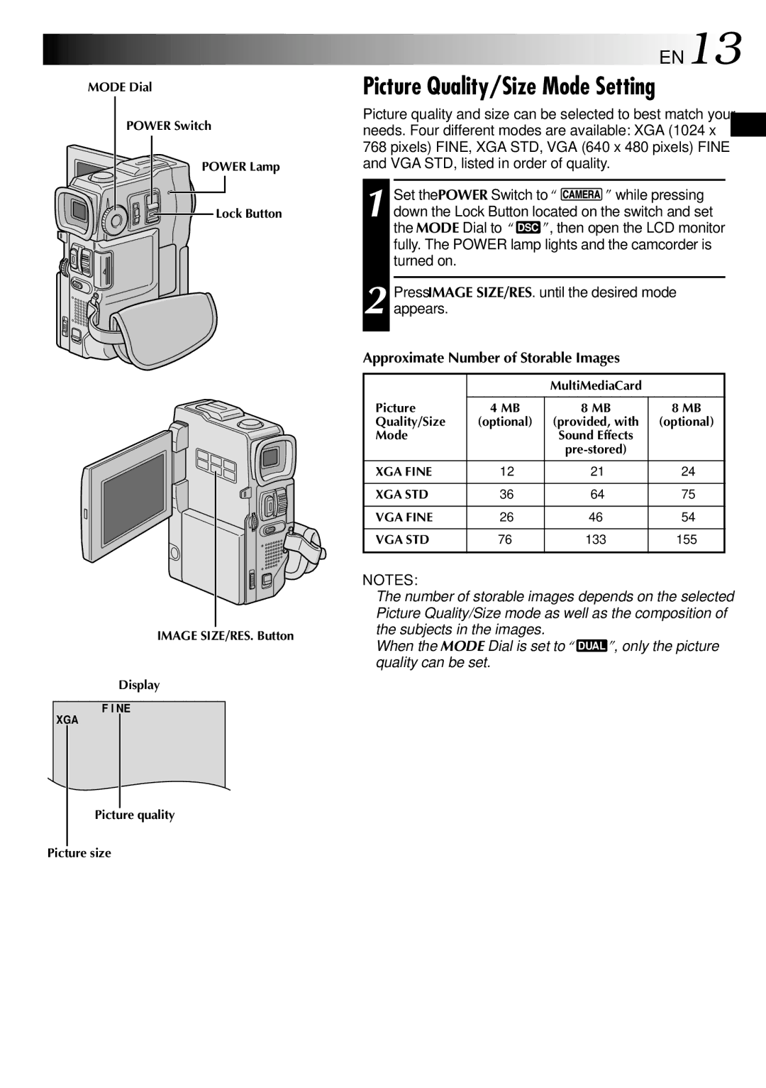 JVC GR-DVX90 specifications Picture Quality/Size Mode Setting, EN13, Approximate Number of Storable Images 