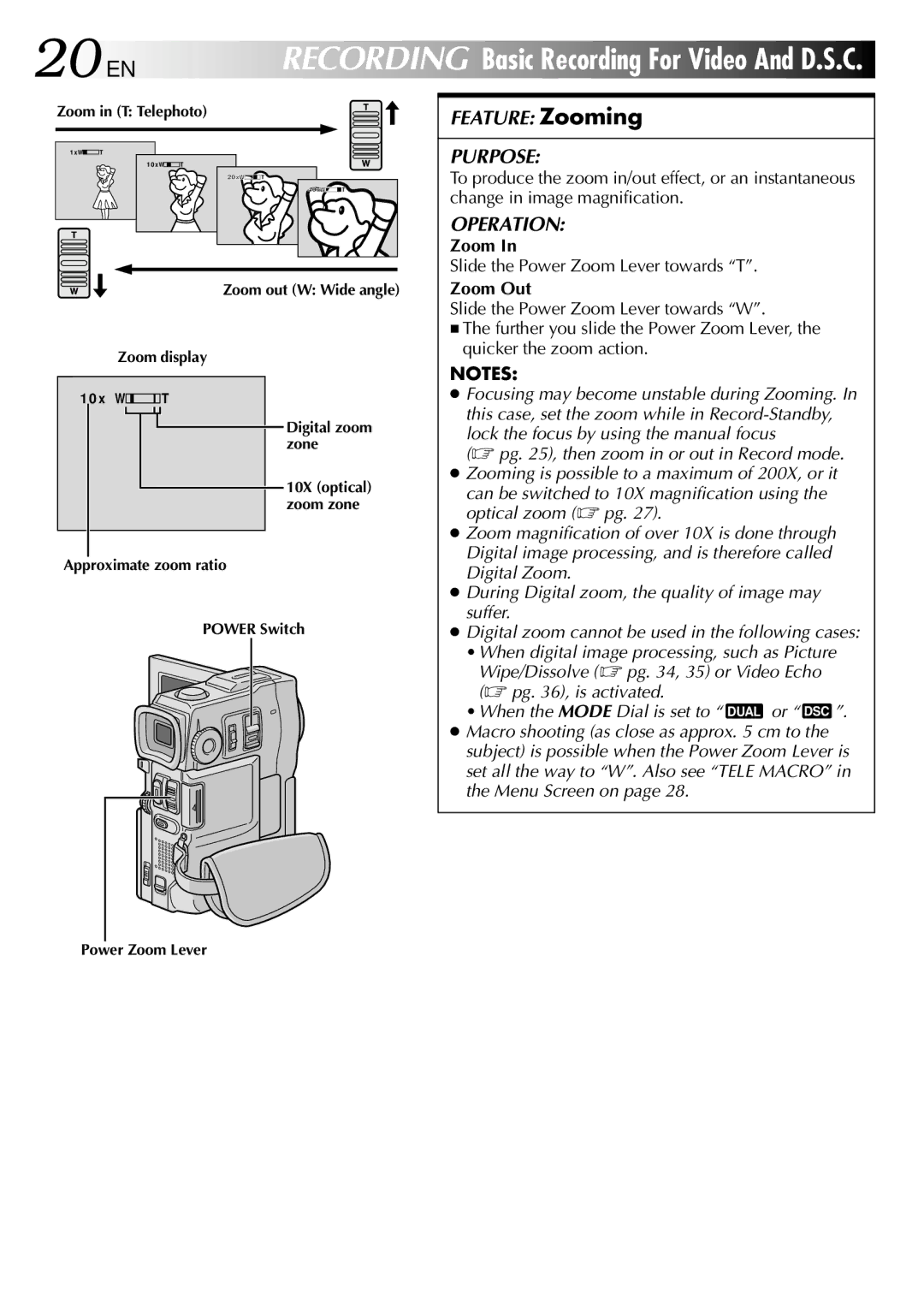 JVC GR-DVX90 specifications 20 EN, Slide the Power Zoom Lever towards T, Zoom Out 