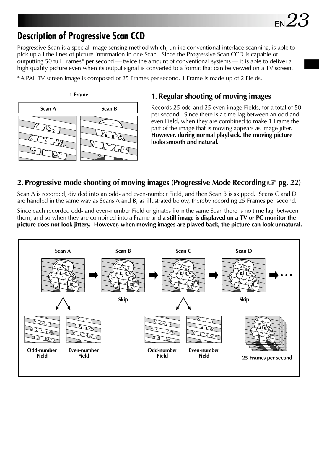 JVC GR-DVX90 Description of Progressive Scan CCD, EN23, Regular shooting of moving images, Frame Scan a Scan B 