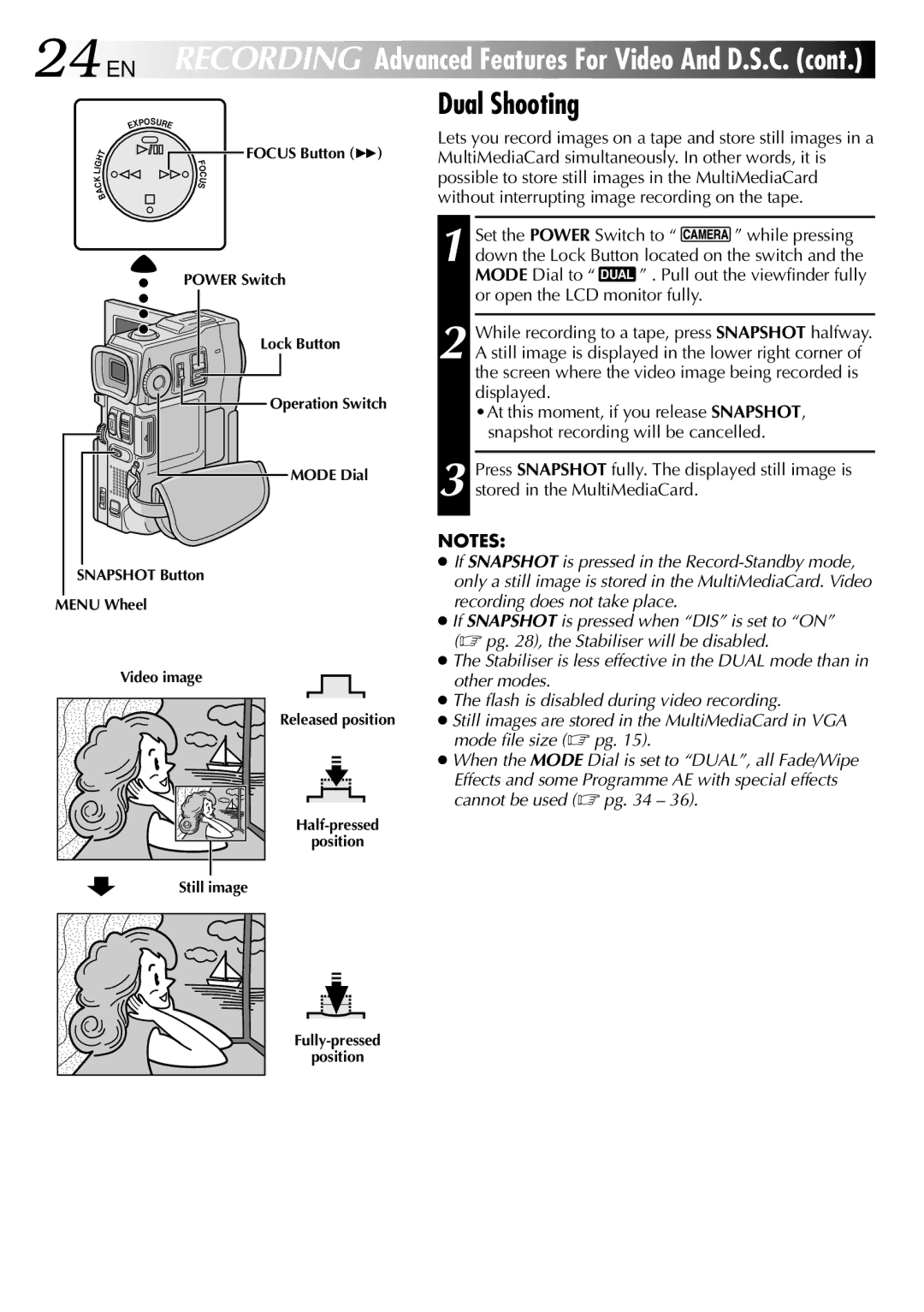 JVC GR-DVX90 specifications Dual Shooting, Mode Dial to, Focus Button, Fully-pressed Position 