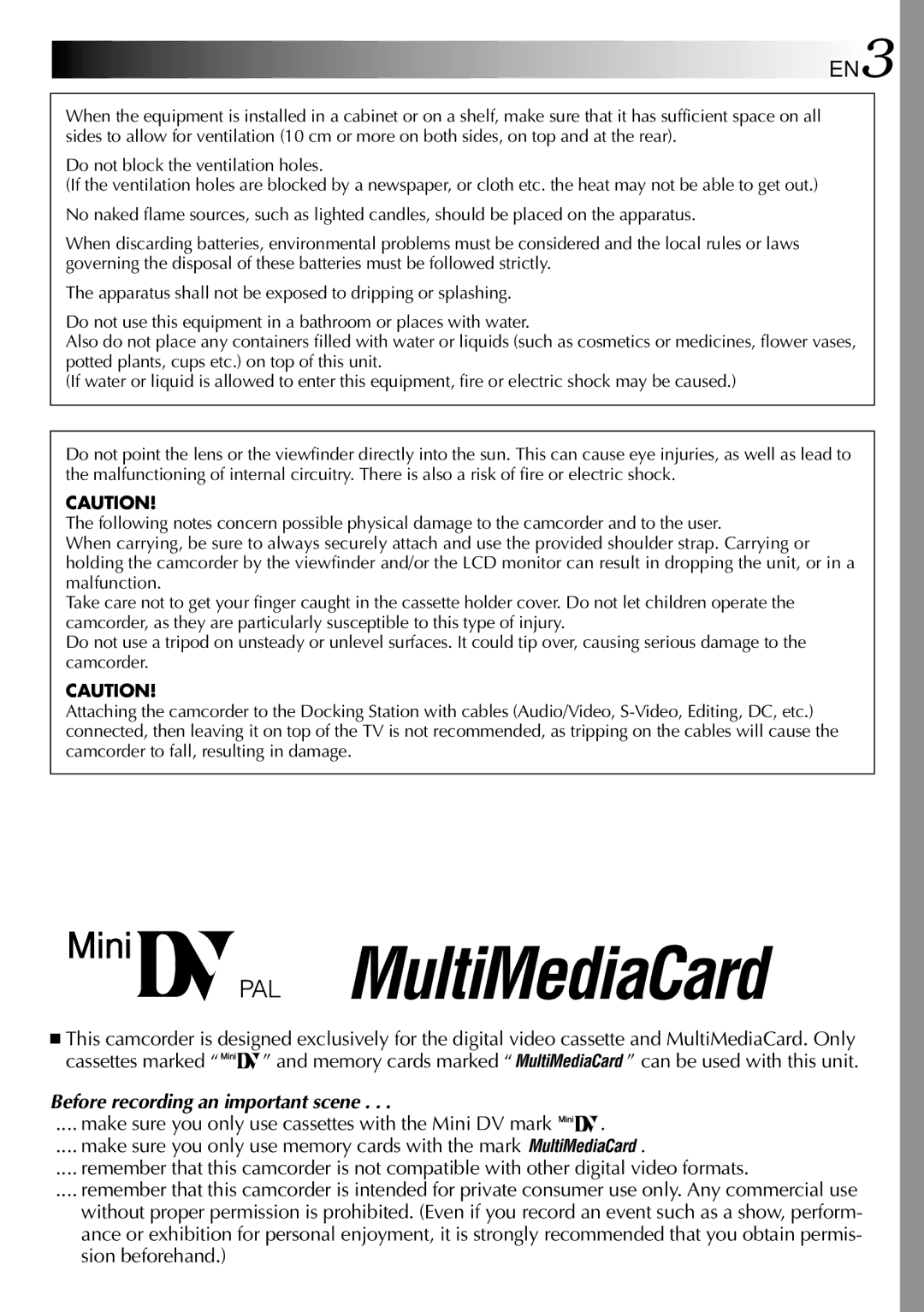 JVC GR-DVX90 specifications EN3, Make sure you only use cassettes with the Mini DV mark 