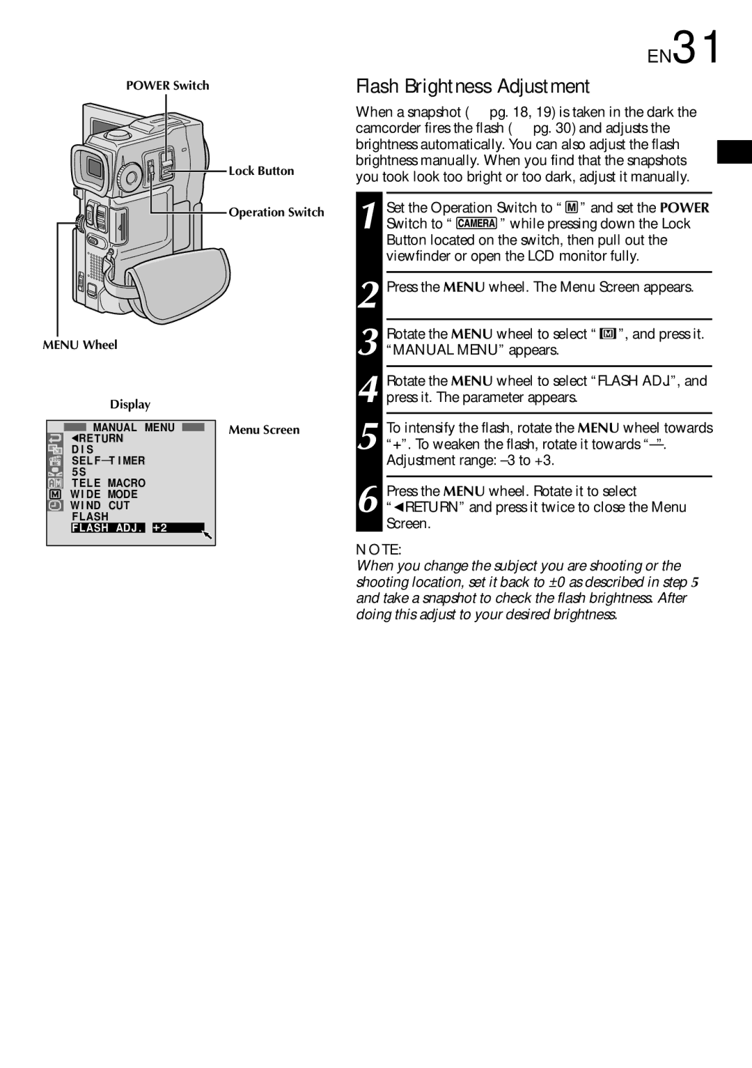 JVC GR-DVX90 Flash Brightness Adjustment, EN31, Power Switch Lock Button Operation Switch, Menu Wheel Display 