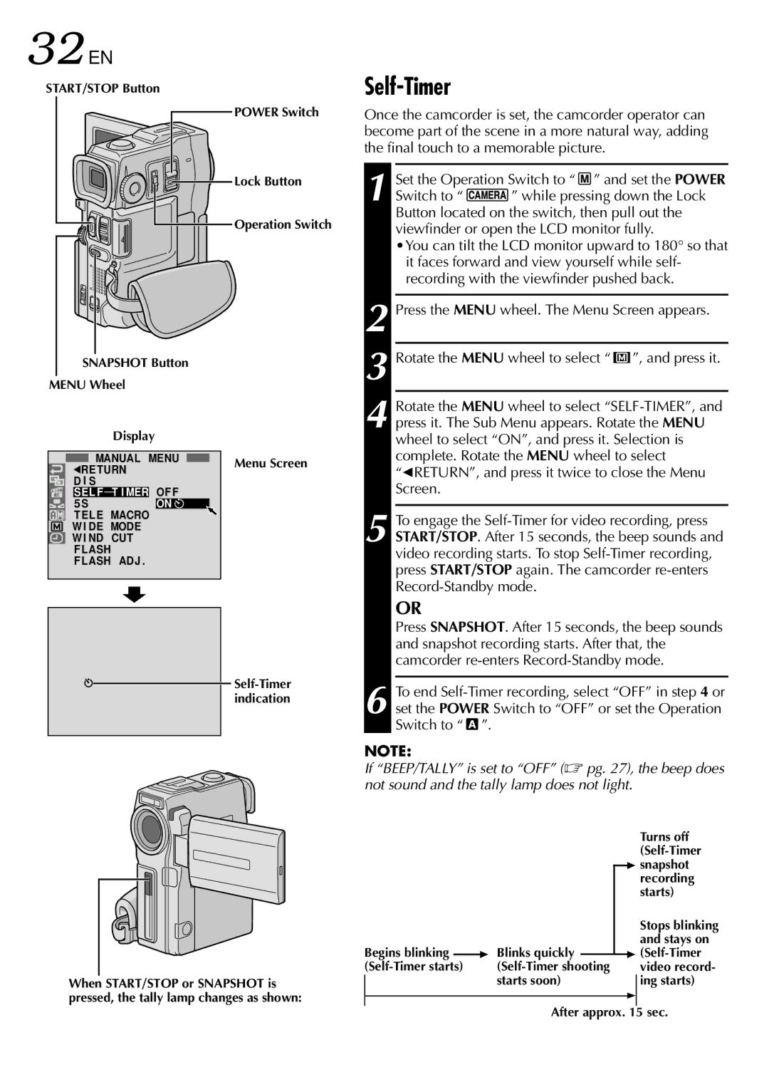 JVC GR-DVX90 specifications Self-Timer, Rotate the Menu wheel to select , and press it 