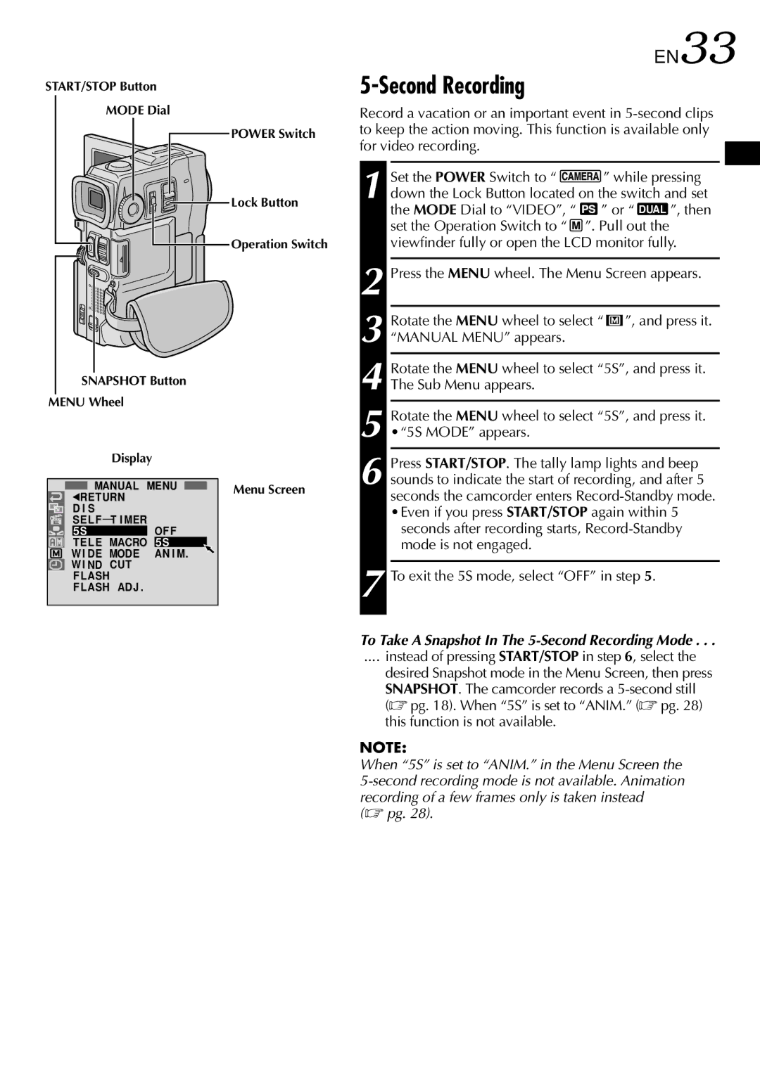 JVC GR-DVX90 specifications Second Recording, EN33, Mode Dial to Video 